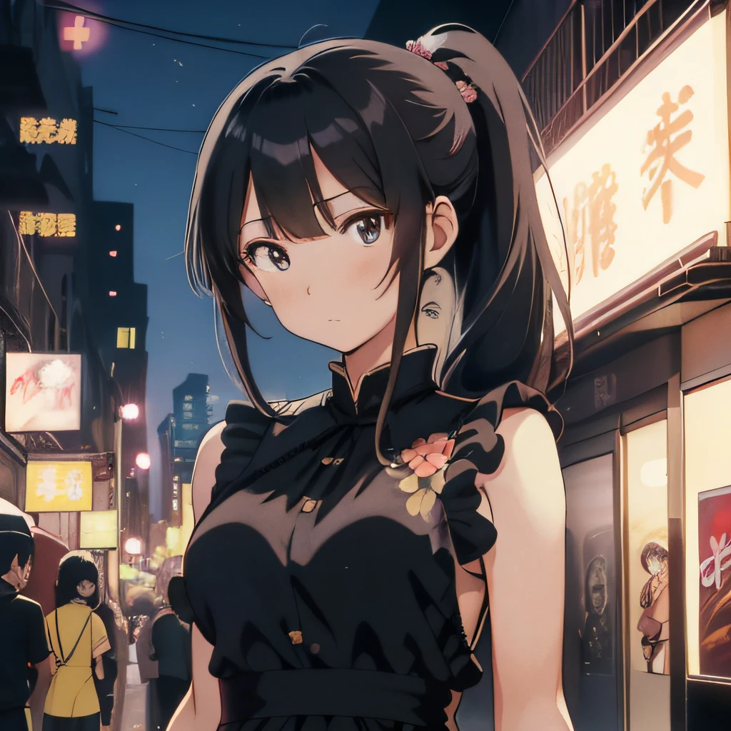 (Masterpiece, 1980's anime illustration:1.1), A girl wearing a long black sleeveless floral dress，20岁女孩，Long black ponytail hair，The face is flushed，The expression is shy，Tall standing on the street，natta，blur backgroun，medium boob，the street lights，