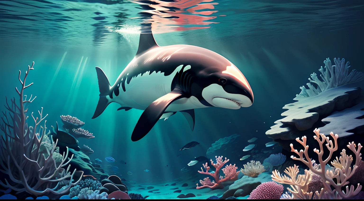 A solitary orca on the ocean floor swimming near corals on the seafloor