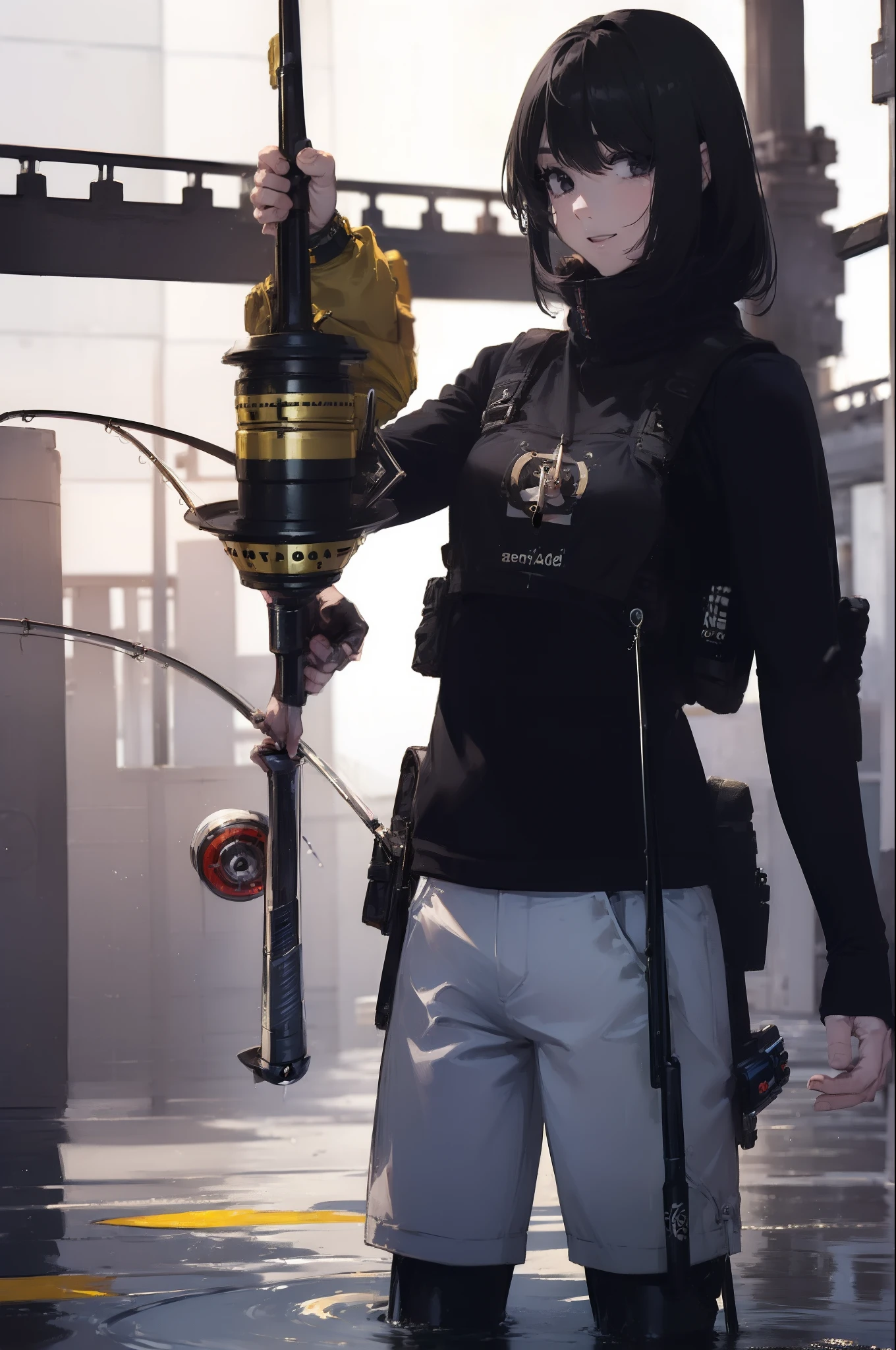 ((((Have a fishing rod with a reel:1.5)))),((Female 28 years old)),((Best Quality:1.5)),(((Fine fingers、Ratio 4 fingers and 1 thumb,detailed arms,detailed human hands))),(((Hands with the correct number and structure of fingers:1.4))),((Lakeside:1.37)),hight resolution,ultra-detailliert,masterpiece,best qualtiy,(Eight-headed body),(1 fishing rod,Holding a fishing rod in your hand,Fishing lure rod,Fishing Reels,Long Sleeve Outdoor Vest,Long pants for fishing,Big backpack),thin and long legs,Beautiful hip line,Beautiful spine,constricted back,Toned waist,beutiful breast),,Gentle smile,shiny lip,(1 fishing rod,Straight stretch fishing rod,Long fishing rod,Woman fishing with fishing rod in hand),Black hair, long eyeslashes, Solid Circle Eyes, drop shadow, Atmospheric perspective,Super Detail, ccurate, small brest,top-quality, blurry backround, bokeh dof:1.2, (masterpiece:1.3), Atmospheric perspective,Super Detail,dynamic compositions, Ultra High Quality,
