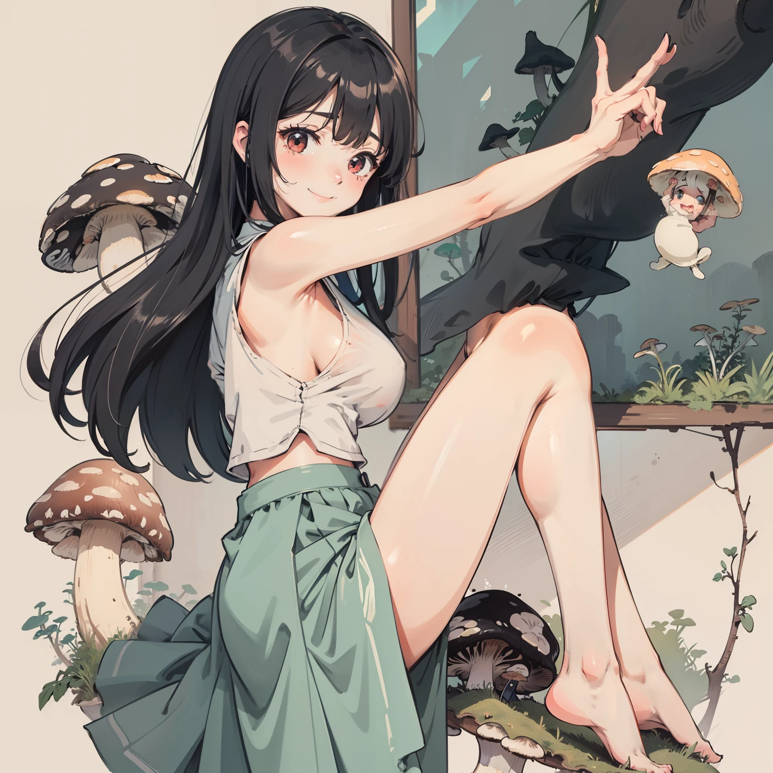 1girll, Black hair, Red eyes, dress, at class room，Mushrooms grow in the classroom，(Solo:1.3),Simple drawing, Mushrooms and girls, huge boob, Big smile, Mushrooms + Mushrooms + Mushrooms + Mushrooms + Mushrooms,Red mushrooms，Cyan mushrooms，White mushrooms, Mushrooms grow on the body，From the side Side，Dancing，Watercolor illustration, Perfect anatomy, Masterpiece, Best quality, 1girll, Loli,pupils, landscape