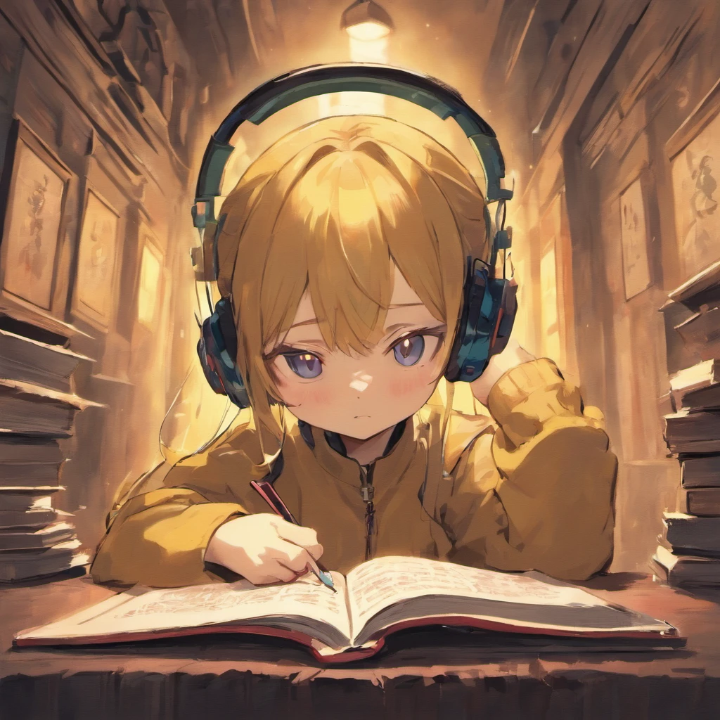 A cat reading a book wearing headphones, van gogh style, oil painting