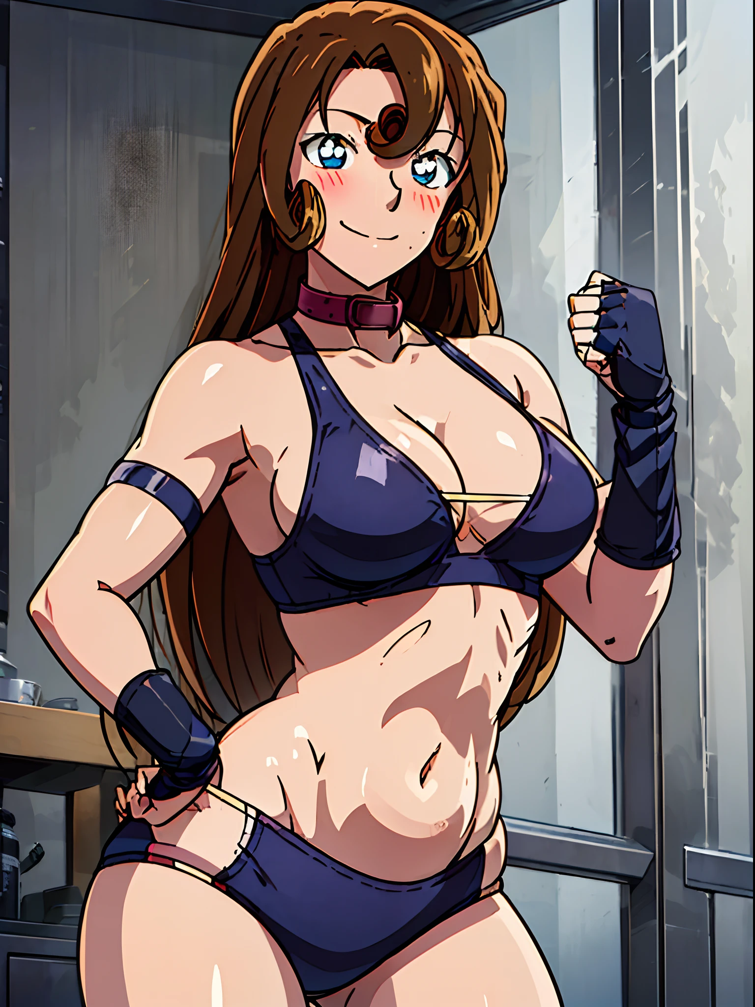 front view, cowboy shot, ultra detailed face, best quality, anime style, hires, highest definition, digital blending, bold drawing lines, ((weak body, female wrestler), (slender body), mature woman, milf, (wrestling gear, collar band), victorious, gorgeous, winner, not blushing, confident face, smile, (closed mouth), (pale skin, shiny skin, lighting and shadow), (cleavage), (clean face), (warming up), closed fists, (brown, curly hair, long hair, curly bangs), 37 years old,