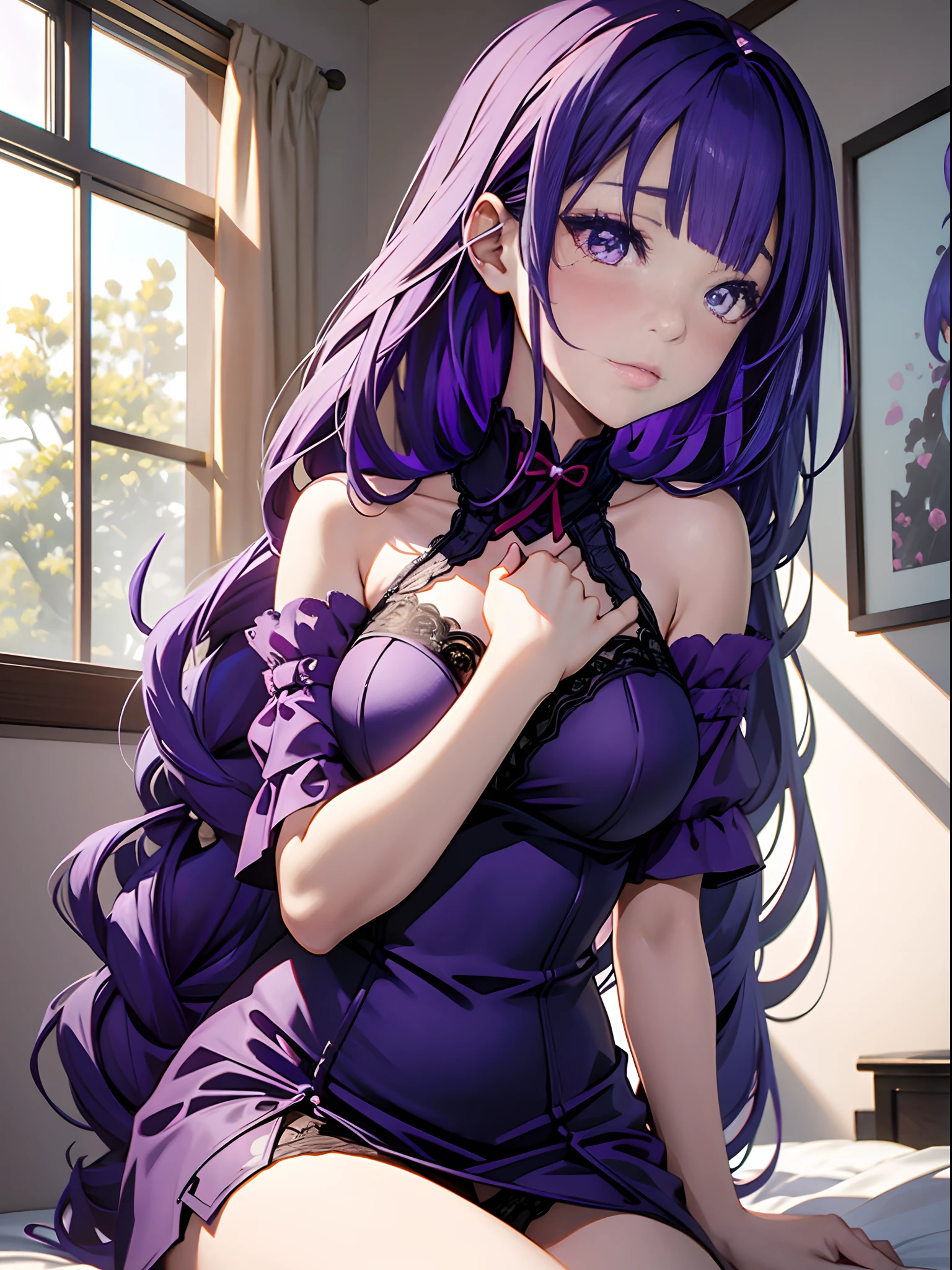 Anime girl sitting on bed in front of window in lingerie, seductive anime girls, Perfect purple girl, nightcore, beautiful and seductive anime woman, Girl with purple hair, Purple hair, Beautiful anime girl, loli in dress, Anime girl wearing black dress, attractive anime girls, Purple-haired lady, Purple hair big breasts, Beautiful anime woman, from girls frontline，Extra-large big breasts，Blush，