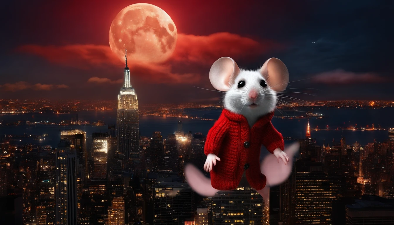 a mouse in a red sweater vest flying a toy helicopter over new york city skyscraper, midnight city lights in the background, full moon, dark puffy clouds in sky