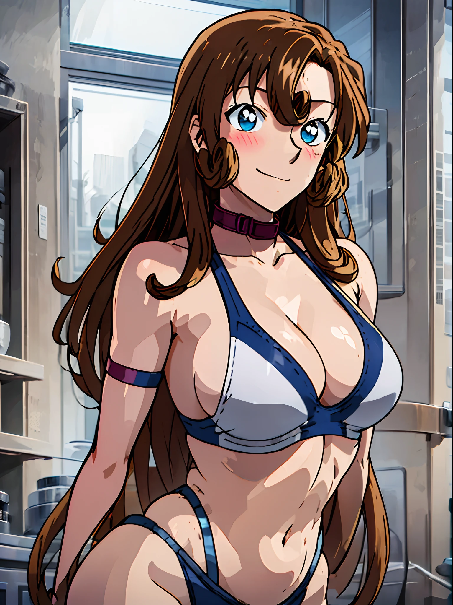 front view, cowboy shot, ultra detailed face, best quality, anime style, hires, highest definition, digital blending, bold drawing lines, ((weak body, female wrestler), (slender body), mature woman, milf, (wrestling gear, collar band), victorious, gorgeous, winner, not blushing, confident face, smile, (closed mouth), (pale skin, shiny skin, lighting and shadow), (cleavage), (clean face), (warming up), closed fists, (brown, curly hair, long hair, curly bangs), 37 years old,