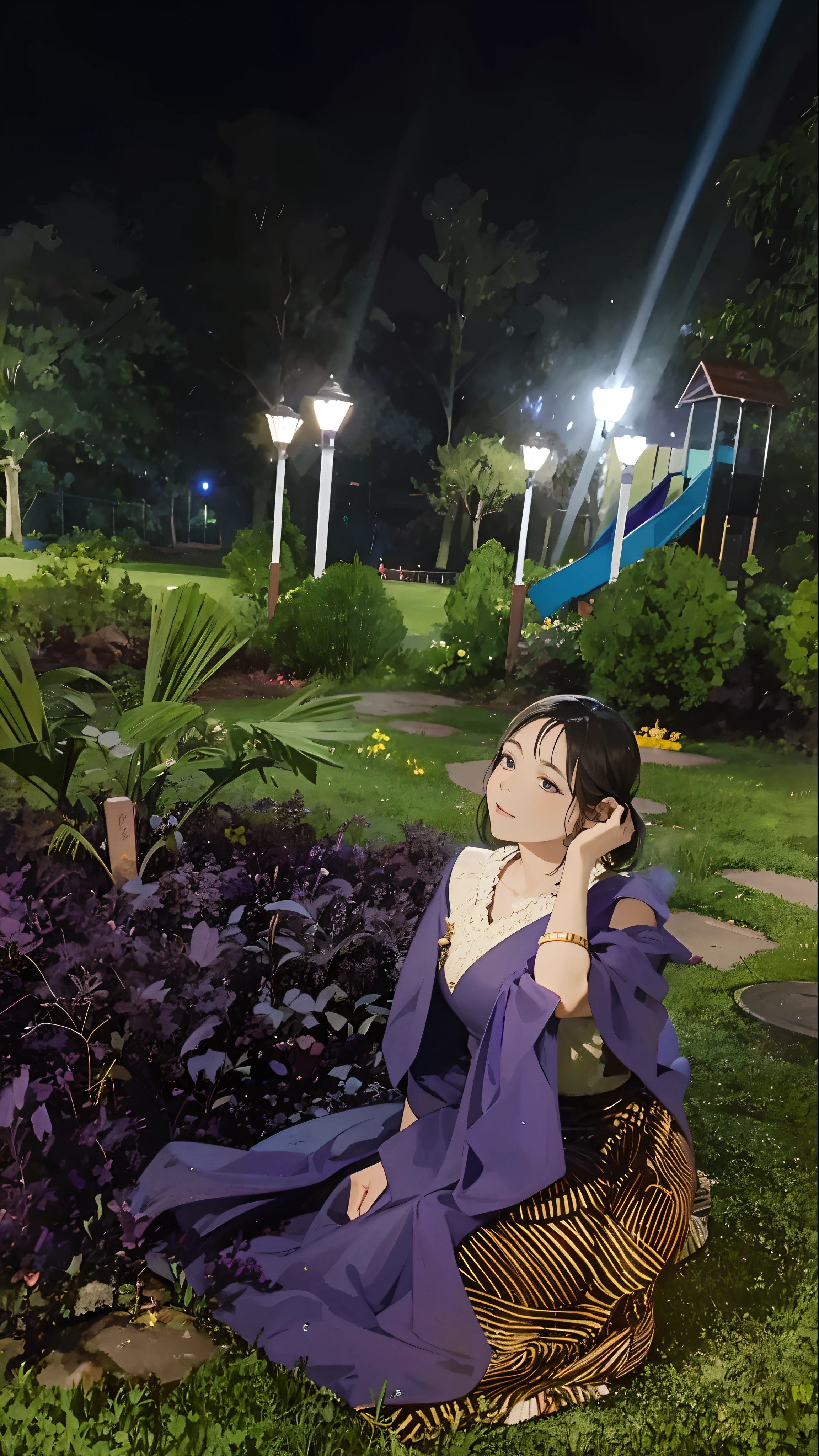 woman sitting on the ground in a purple dress in a park, at night time, taken with the best dlsr camera, during night, in night, photo taken at night, at evening during rain, with glowing lights at night, with lovely look, at night, in a park, photo taken with canon 5d, it is night time, in the evening