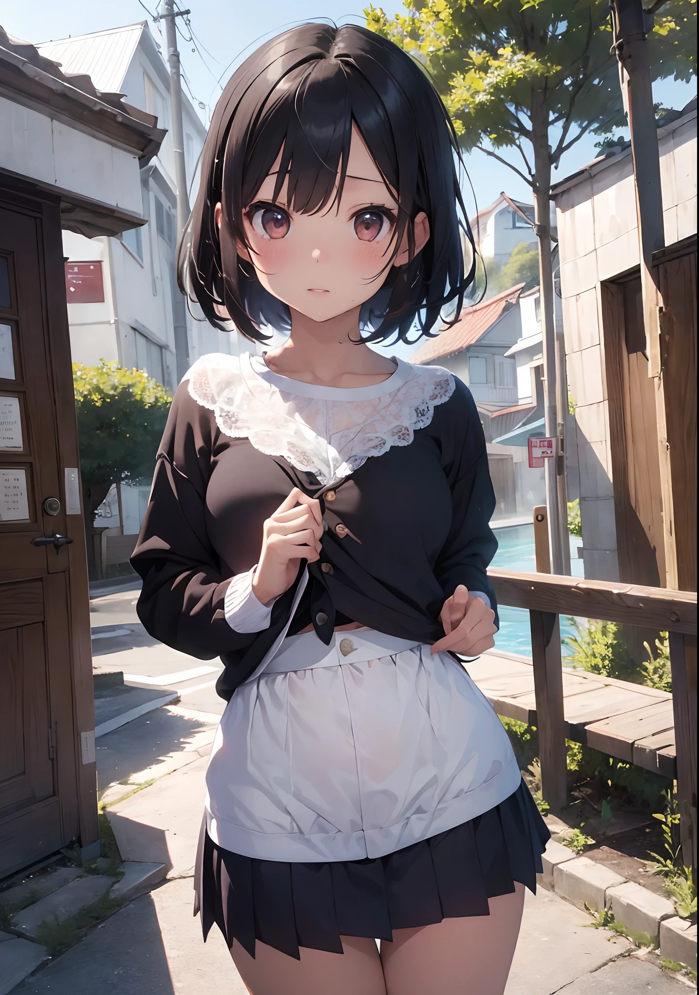 top-quality、ultra-detailliert、masterpiece、realisitic、Very detailed cute lady、20yr old、((skirt lift by yourself)))、(Lifted by yourself)、White lace panties、panties focus、red blush、cparted lips、looking at the viewers、Semi-body shot、(Large crowds)、(swimming pools)、Mare、Short bob cut、Facing the front、Beautiful skins、student clothes