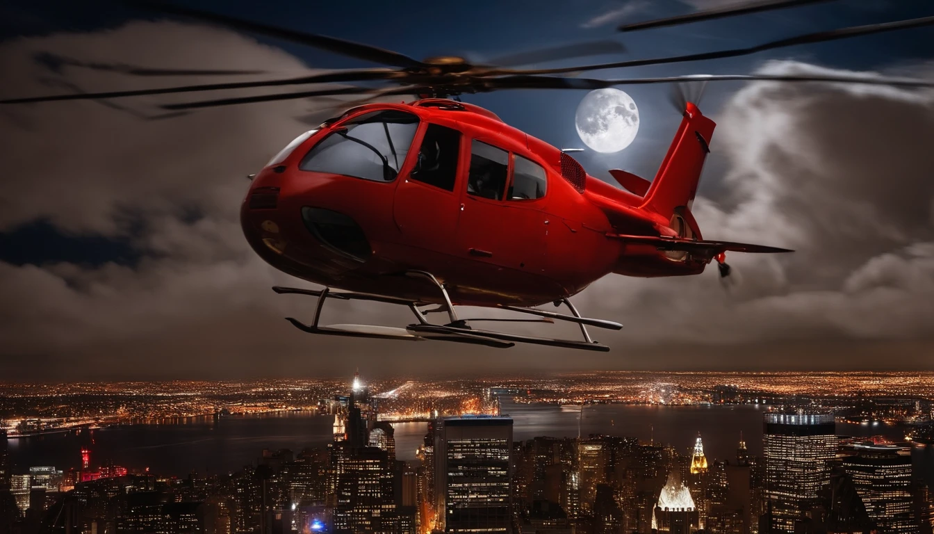 a mouse in a red sweater in a 1930's, helicopter over new york city skyscraper, midnight city lights in the background, full moon, dark puffy clouds in sky