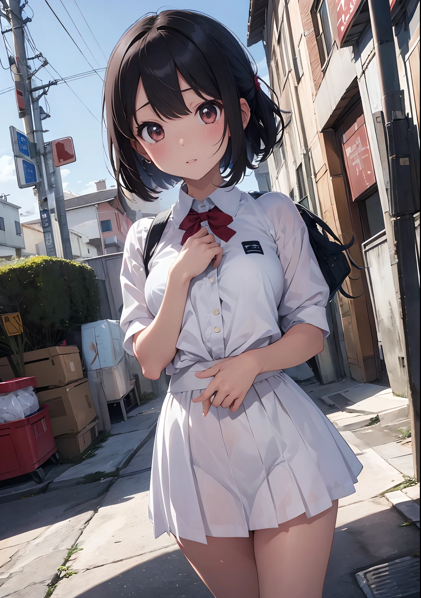top-quality、ultra-detailliert、​masterpiece、realisitic、Very detailed cute lady、20yr old、((skirt lift by yourself)))、(Lifted by yourself)、White lace panties、panties focus、red blush、cparted lips、looking at the viewers、Semi-body shot、(Large crowds)、(swimming pools)、Mare、Short bob cut、Facing the front、Beautiful skins、student clothes
