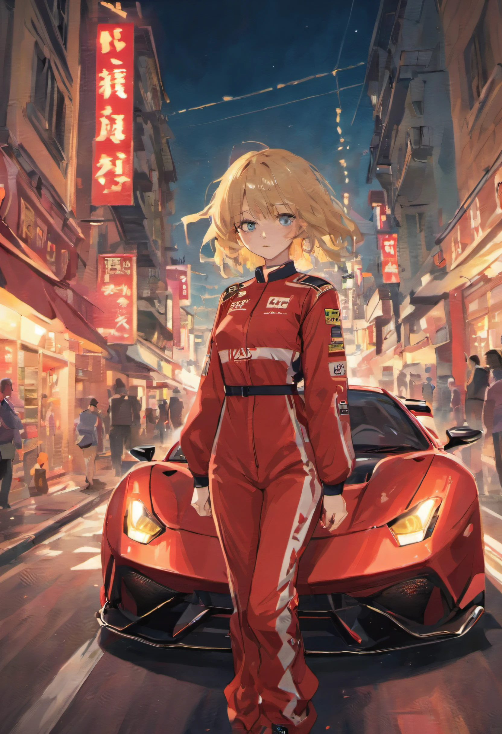 "Um Quority(Ferrari 488 GT3 |)Race cars race around the city circuit at night，Um sopro de sangue e velocidade。"
