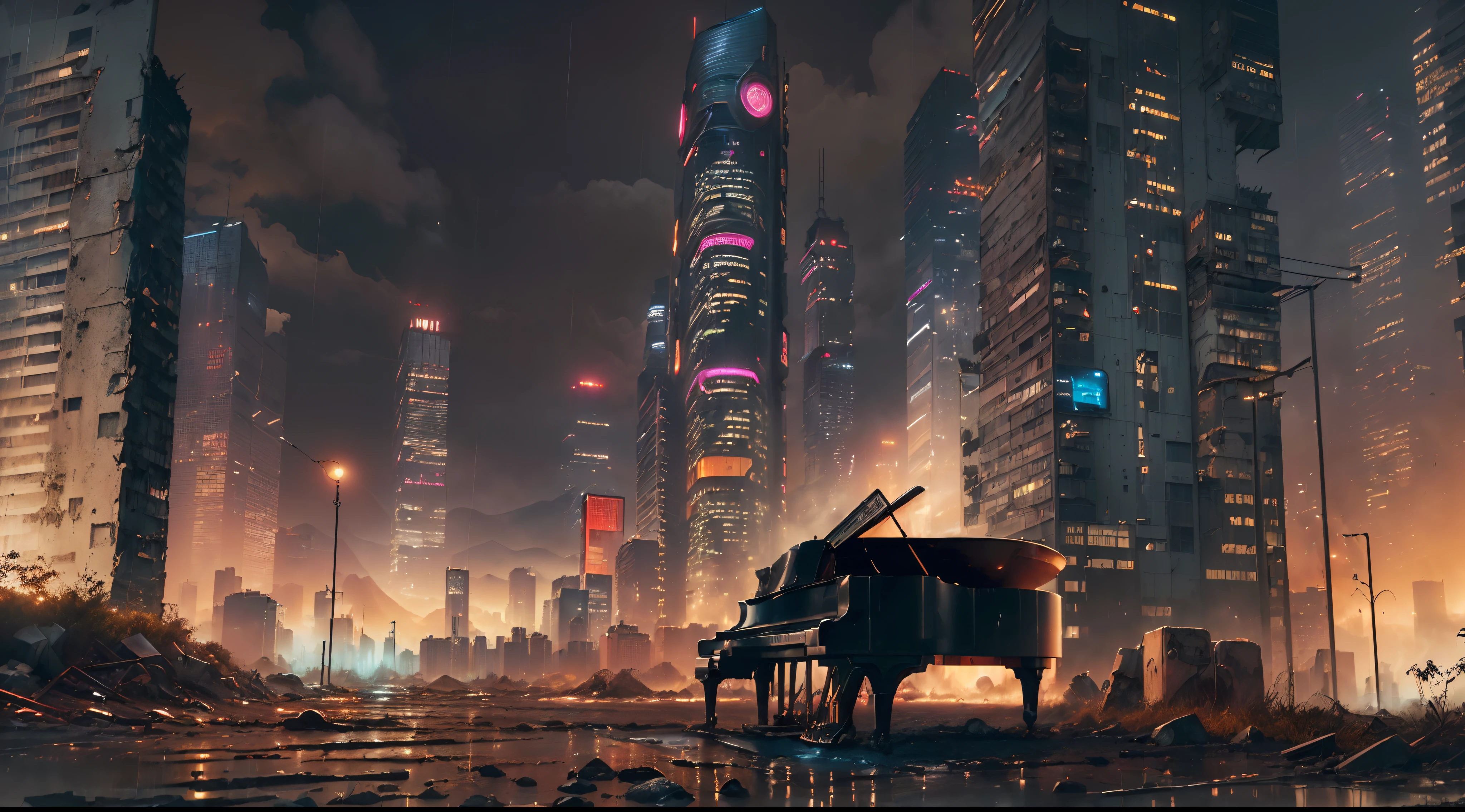 (((Artistic Image, metade da imagem com (Cena surreal com um piano de cauda em meio a paredes desmoronadas, Piano de cauda com telhado), metade da imagem com ((Opening to an abandoned nighttime metropolis with skyscraper in the rain), ((Chove na cidade):1.5), (deteriorated skyscraper), ( Skyscraper with silt), ( Skyscraper with rust),  ((Antecedentes com o DEPH):1.5), A dreamlike atmosphere is created by softly lit architectural details, The piano is a symbol of timeless beauty in the midst of decadence, Pintura Digital com Elementos do Impressionismo, High detail, tiro grande angular, Adding a dash of mystery to the composition))), (Rastreamento de caminho), (Cyberpunk), (Post apocalyptic), 16k, UHD, max quality, Max Resolution, ultrarrealista, | ultra-detalhado