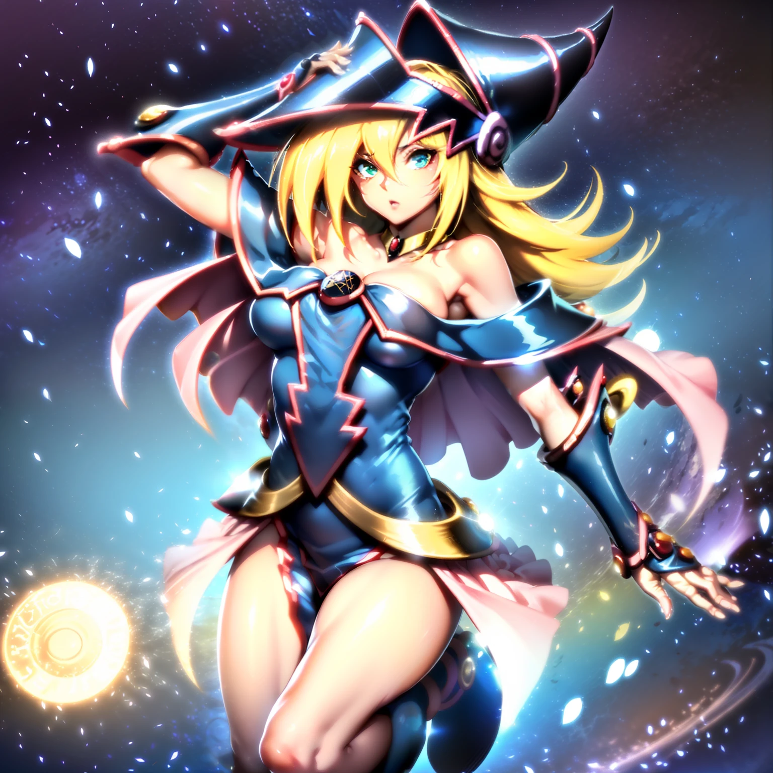 ((A magic circle with many bright and detailed letters drawn large on the ground、A magic circle that begins to shine)):1.9、((A beautiful dark magician girl with long silver hair in a black witch costume with a triangular hat who holds her hands over the magic circle and starts singing.)):1.9、((Looking at her and the magic circle)):1.9、Masutepiece、Antecedentes altamente detallados,realista,Ultra-detallado,Super detailed skin,Resplandor ligero,Film grain,Expro II,Destello de lente,afilar,cinematic shadow. Hermosa dark magician girl