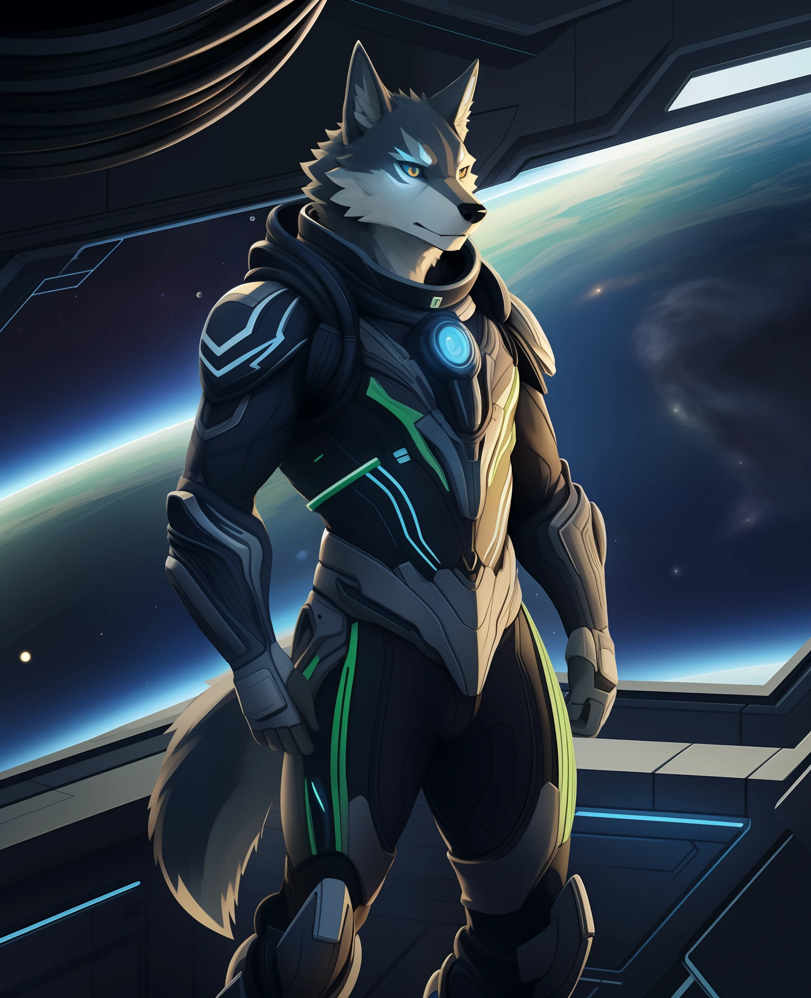 masterpiece, best quality, perfect anatomy, (detailed eyes:1.2), furry, (wolf), (domestic dog:0.8), male, solo, warframe, (cables:1.1), serious face, bright eyes, floating, spacecraft, glass container, liquid, detailed background, space, starlight, by k0bit0wani