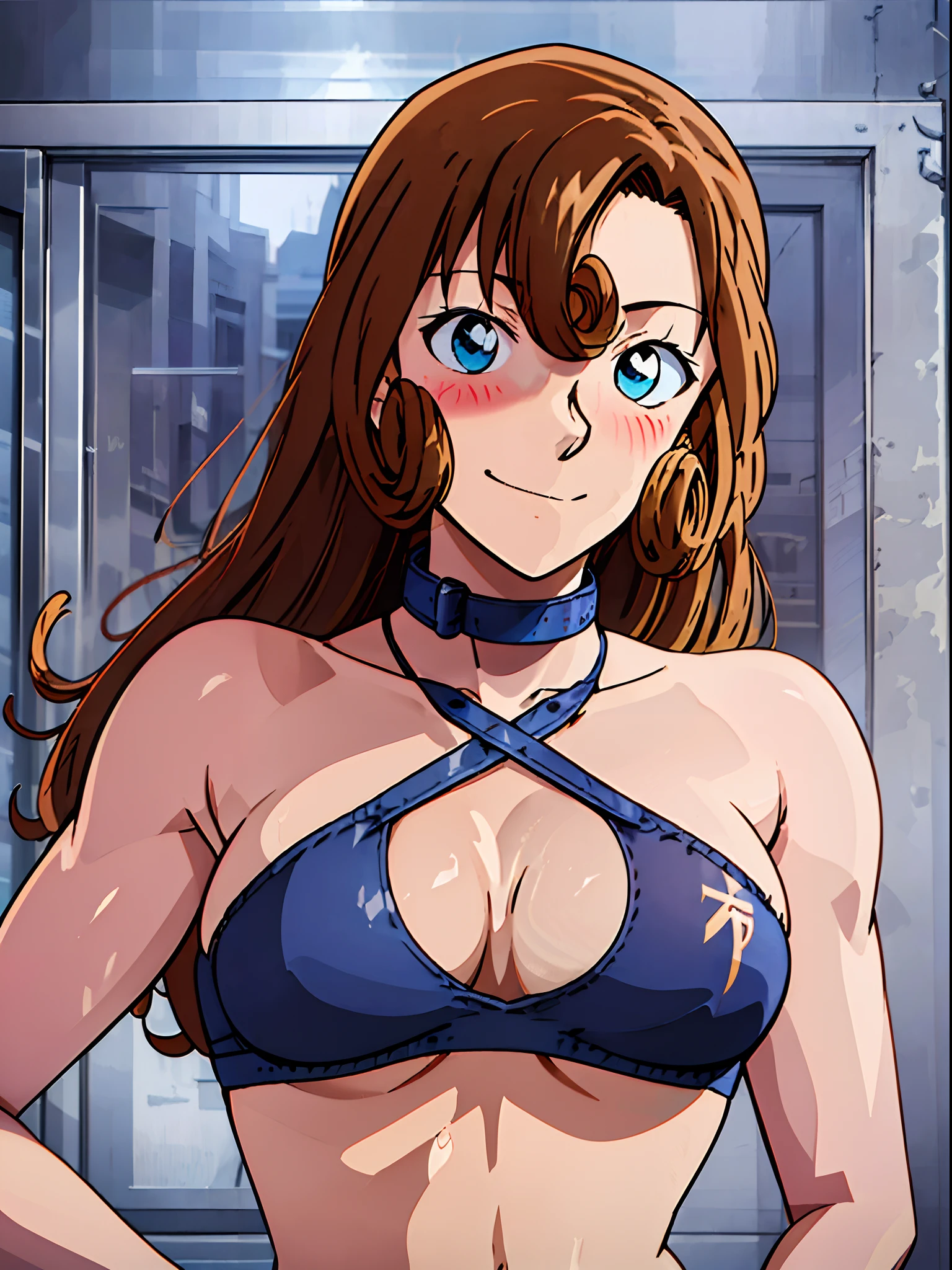 front view, cowboy shot, ultra detailed face, best quality, anime style, hires, highest definition, digital blending, bold drawing lines, ((weak body, female wrestler), (slender body), mature woman, milf, (wrestling gear, collar band), victorious, gorgeous, winner, not blushing, confident face, smile, (closed mouth), (pale skin, shiny skin, lighting and shadow), (cleavage), (clean face), (warming up), closed fists, (brown, curly hair, long hair, curly bangs), 37 years old,