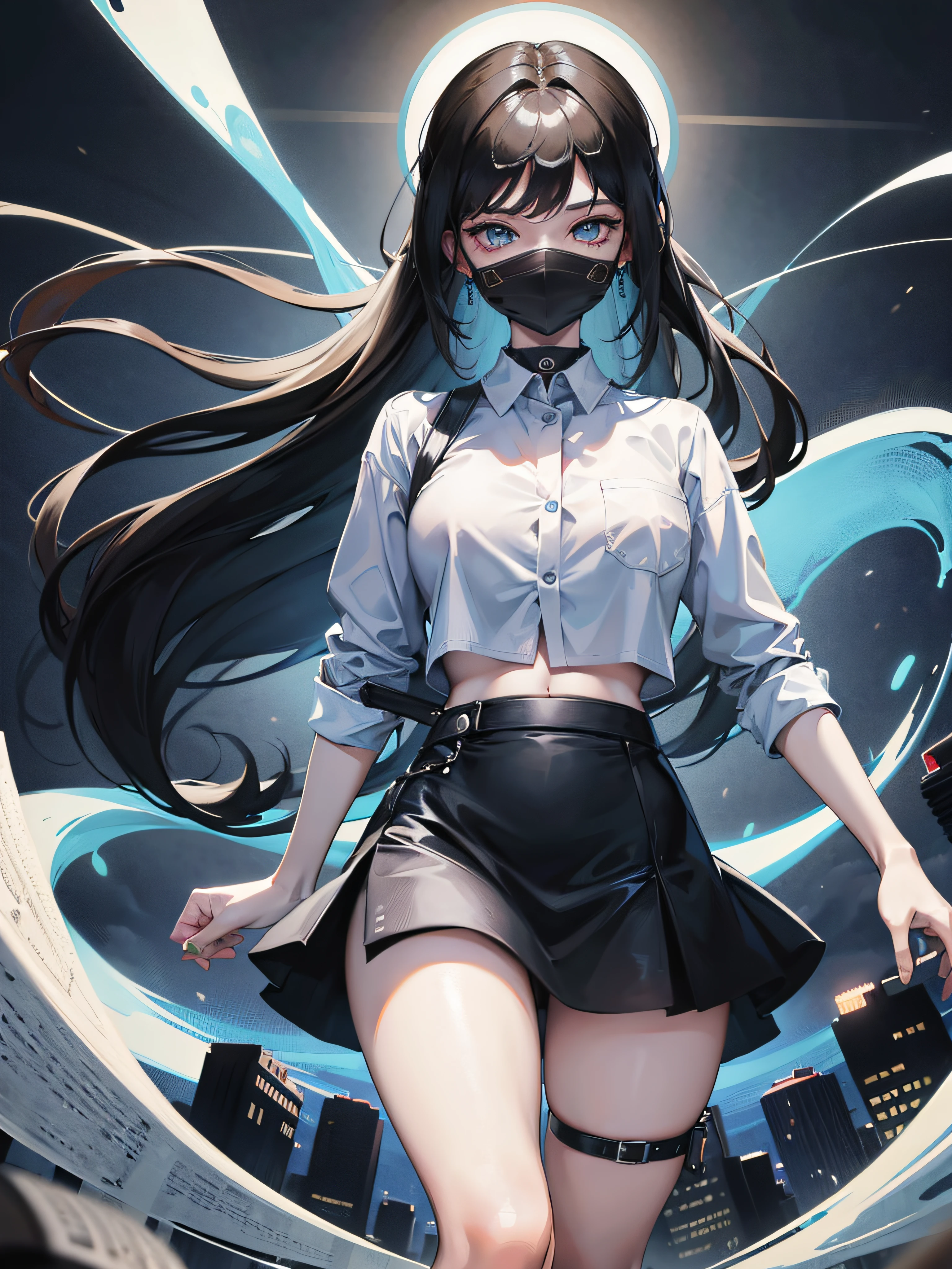 1girl, long black hair, big hips, blue eyes, wearing light blue shirt, mini skirt, having sex,city, absurdres, high res, ultrasharp, 8K, masterpiece, looking at viewer