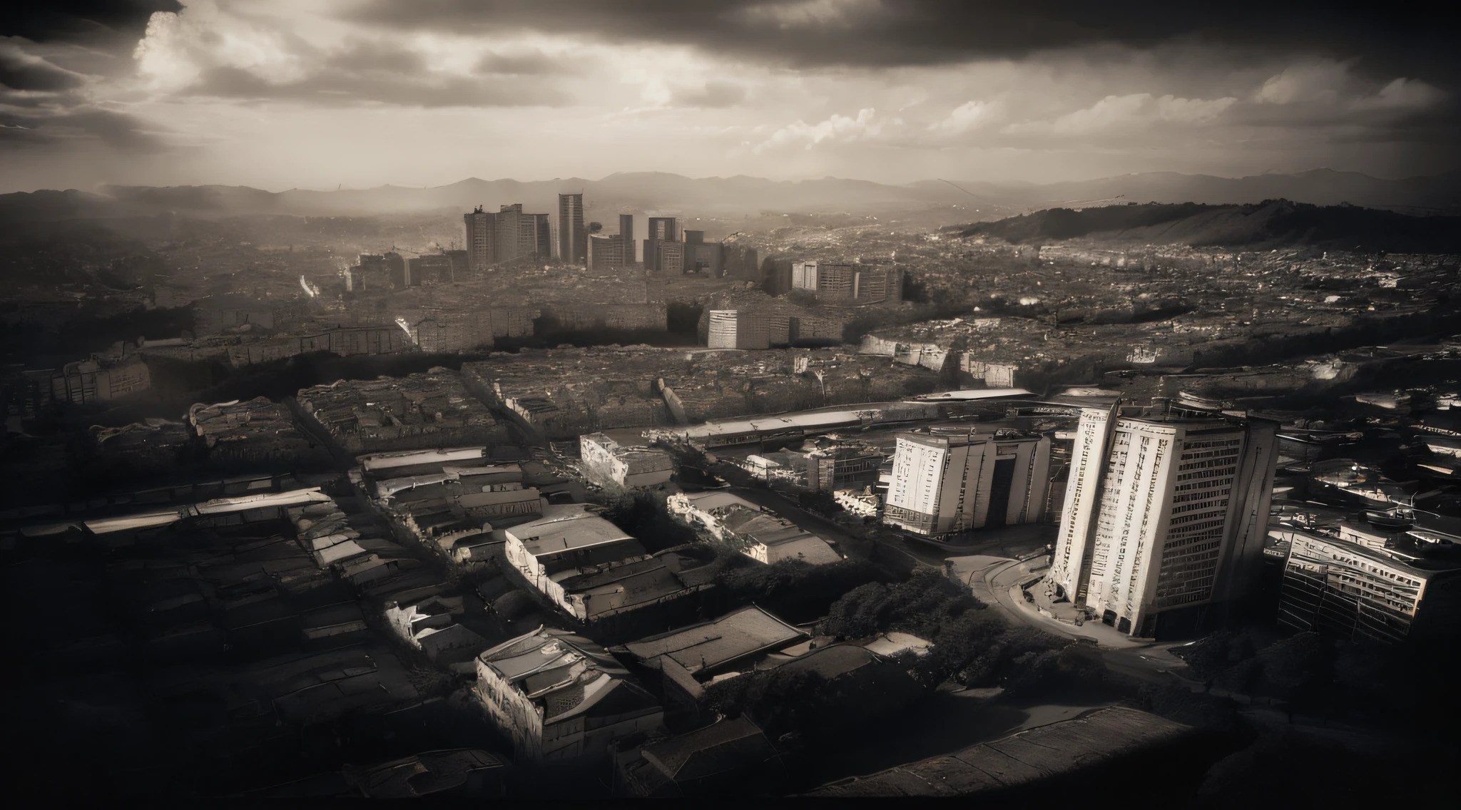 (aerial view),(historical) City of São Paulo,(1940s),(black and white),(detailed),(vibrant city life),(old architecture),(cobblestone streets),(classic cars),(busy street vendors),(church towers),(bustling market),(street lamps),(nostalgic atmosphere),(urban landscape),(high contrast),(gritty texture),(hustle and bustle),(downtown area),(skyscrapers),(busy pedestrians),(street musicians),(tree-lined boulevards),(grand facades),(lively colors),(evening lights),(smoke rising from chimneys),(timeless cityscape),(early morning fog),(hills in the distance),(classical charm),(authentic), (nostalgic)
