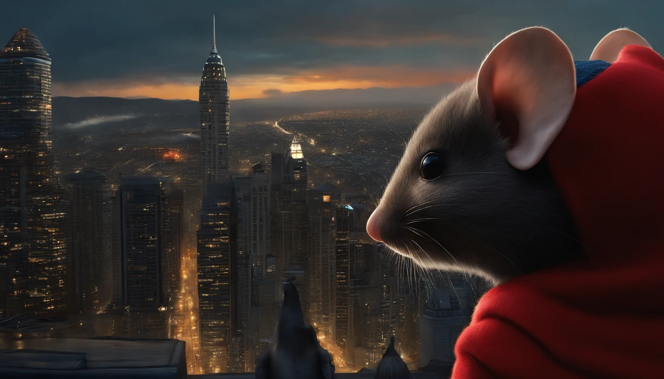mouse in red sweater looking up at batman who is looking over the city
