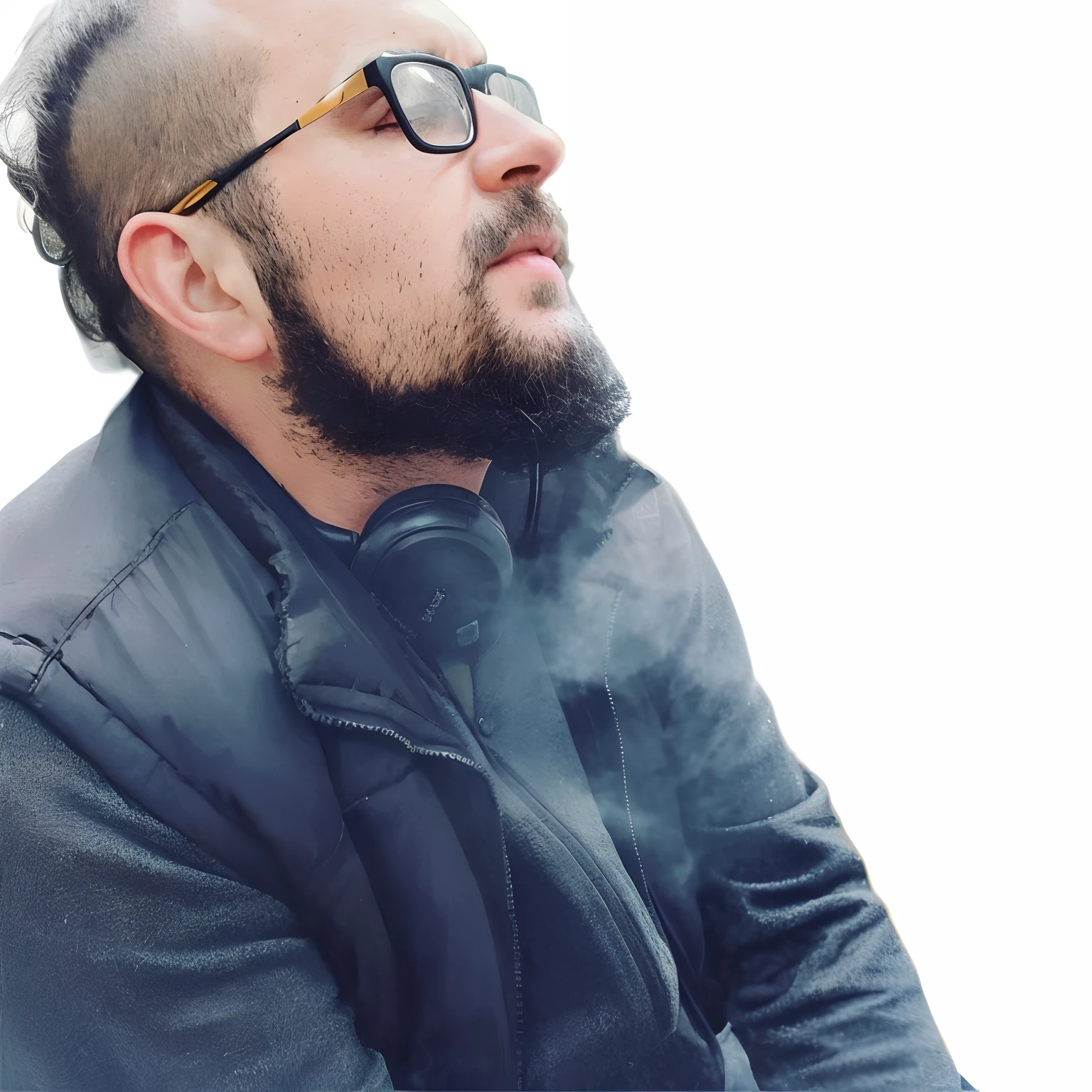 anime and cyberpunk style, high detail, clear highlighting of the figure, gloomy light, titan race man, smoking a cigar, hairless, bald