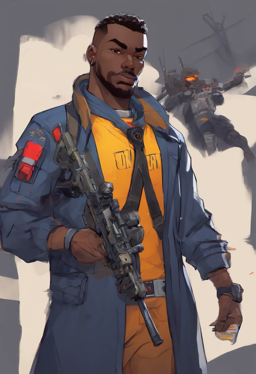 a close up of a dark skin person holding an sniper rifle, a blue and white jacket with the number 49 on the front, red gloves, dark grey pants and selver boots, a hulster which houses a pistol. African American character in Overwatch , dark yellow eyes, buzz cut hairstyle, half body close-up shot, male character, single