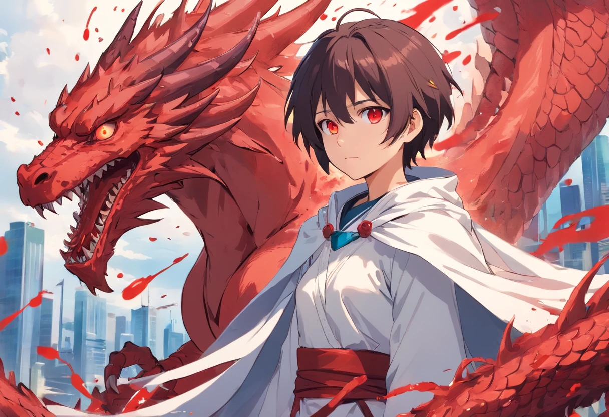 A young half-demon teenager with blood-red eyes with blood-stained white clothes and a white cape with a drawing of a red dragon with a pile of bodies in front of him