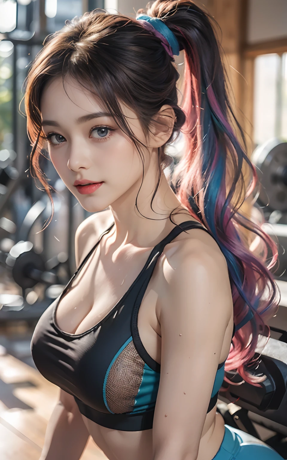 ((huge-breasted)), ((,)), ((Very small head)), Daylight, Sunlight, Bright light, (Perfect body : 1.1), (fullllbody), (short wavy hair:1.2, dark brown hair, Pink and blue mesh hair, Thin mesh), Full body shot, ((Tight workout wear), (Sweat), (Very detailed CG 8k wallpaper), (extremely delicate and beautiful), (masutepiece), (Best Quality:1.0), (超A high resolution:1.0), (realisitic), beautiful lightning ,Perfect Lightning, Realistic Shadows, [hight resolution], Detailed skin, Ultra-detailed, Slim body), (Beautiful hair, Wavy Hair, Real Hair, detailed hairs, High Ponytail), Fine Collarbone, Beautiful breasts, blush, Photorealistic, Realistic face, Beautiful face, Cute face, Realistic eyes, Small eyes, Cute smile, (((Colorful))), (eye liner), (mascara), (eye shadow), (At the gym), Looking back, bighip, (child-faced)