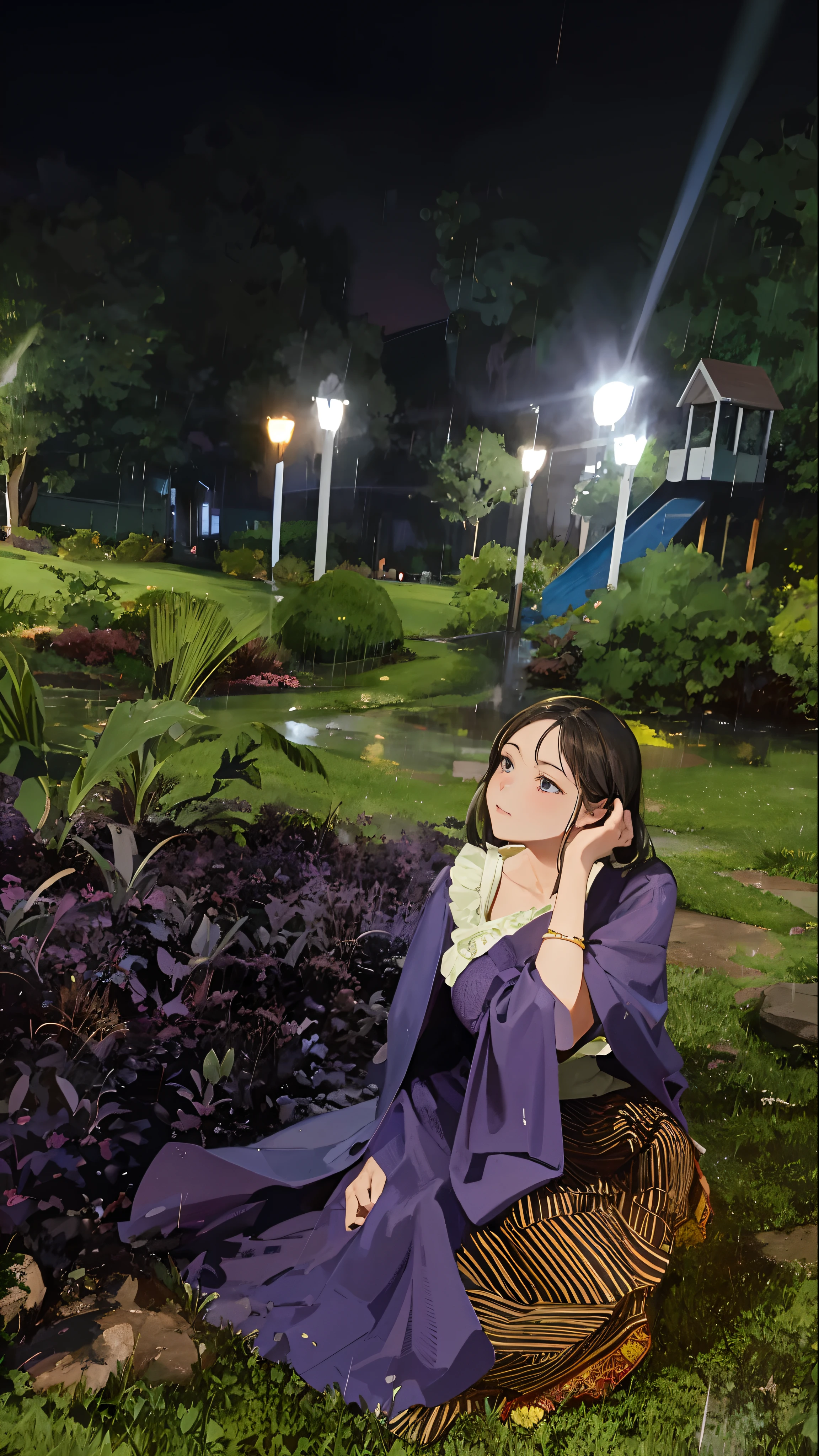 woman sitting on the ground in a purple dress in a park, at night time, taken with the best dlsr camera, during night, in night, photo taken at night, at evening during rain, with glowing lights at night, with lovely look, at night, in a park, photo taken with canon 5d, it is night time, in the evening