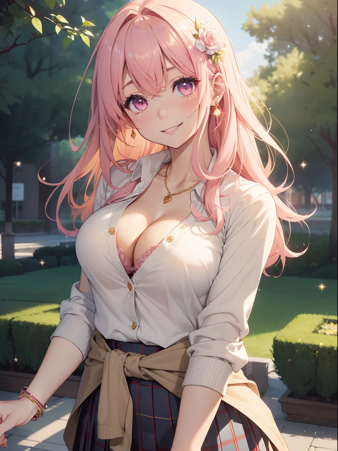 masutepiece, High resolution, 8K, anime woman, Delicate and detailed writing 、Detailed digital illustration、Very long hair and shiny、Bangs、a very beautiful woman、Eyes are double, Large, Bust is D cup、High image quality, High quality、Detailed background、、((Big smile))、The inside of the eye shines like a diamond、Light pink hair、Gradient pupil、(((2 arms、4 fingers, 1 thumb)))、Detailed female face、Very beautiful and cute woman、、细致背景、​masterpiece、Soft Focus , Bright gradient watercolor , Lens Flare , (((Glitter))) , Glow , Dreamy 、Pink ribbon、Very beautiful red rose hair accessories、Pink and gold outfit、White is the main costume、((POV))、
(School Uniforms:1.2), (gals:1.2), (White shirt:1.3), (Tie a beige cardigan around the waist:1.3), ((cleavage, Unbuttoned):1.2), (plaid pleated skirt:1.2), ((Necklace,Colorful bracelets,X Hair Ornament):1.2),