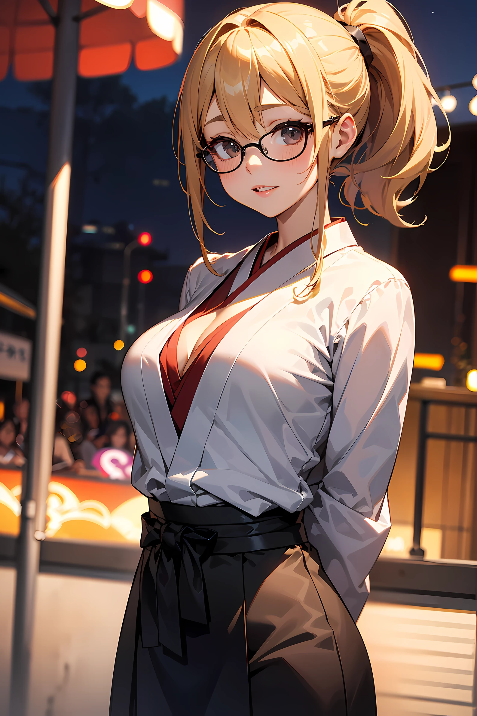 high resolution, Photo of a beautiful woman detailed_face, young handsome girl,realistic:0.5, perfect skin, (wearing a glasses:1.5), (ultra-detailed background, detailed background), bokeh, make happy expressions, happy emotion, gorgeous,pure, beautyfull detailed face and eyes,breasts, (black eyes:1.1), (a extremely pretty and beautiful Japanese woman), (sexy girl), (professional attire:1.3), (22 years old: 1.1), BREAK, (miko outfit:1.2), (Japanese clothes:1.2), (white dogi:1.2), (red hakama:1.2), (leather boots))), cleavage, beautiful detailed skin, (cute:1.2), (blonde hair), ((jpop idol)), (upper thigh:0.6), (depth of field),soft light, Lens Glow looking at viewer, (Drooping eyes:1.2), straight teeth,smile, floating hair, (blond hair:1.2), brown eyes BREAK scene, cinematic, full colors, 4k, 8k, 16k, RAW photo, masterpiece, professionally color graded, professional photography, high school girl, hair up, , soft clean focus, realistic lighting and shading, (an extremely delicate and beautiful art)1.3, elegant,active angle,dynamism pose BREAK (ponytail:1.3), (shiny-black thin hair:1.2), bangs, dark brown eyes, beautiful eyes, princess eyes, (big eyes:1.3), bangs, wearing a glasses:1.3, Hair between eyes, short hair:1.3, (slender:1.1), (medium-breasts:0.95), (thin waist: 1.15), (detailed beautiful girl: 1.4), Parted lips, Red lips, full-make-up face, (shiny skin), ((Perfect Female Body)), (upper body image:1.3), Perfect Anatomy, Perfect Proportions, (most beautiful Korean actress face:1.3, extremely cute and beautiful Japanese actress face:1.3), ,(1glasses girl:1.3, solo), ,(blush:1.1), gray background, solo focus, (bust shot:1.2), cinematic light, (nostalgic night scene:1.4), (amusement park:1.4), (merry-go-round、the Ferris wheel、rollercoaster), (arms behind back :1.4), (looking at viewer:1.2