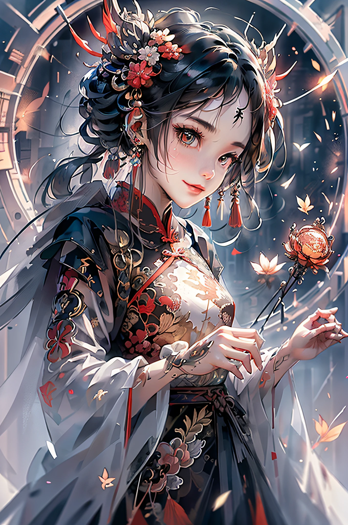 arte oficial,统一 8k 壁纸,Ultra - Detalhado,Beauty and Aesthetics,tmasterpiece,melhor qualidade,(Zemaranhar,Tangled,emaranhar),(s arte fractal:1.4),cabelos de cor preta,Chineseidol,Mulher chinesa,The is very detailed,dinamic angle,casting spells,colorido com muita cor,(O caos em sua forma mais bonita),flowey,(Cores vivas),Overclocking,Seios grandes chineses,(Fitas:1.3),(magical dream:1.5),(Hanfu:1.5),chinesedragon,Chinese Phoenix,(sorriso:0.5 ),(Divindade chinesa),Magical light and shadow,rosto perfeito,hand perfect