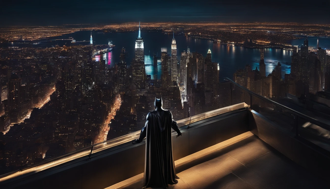 Batman is sitting on top of a skyscraper in the rain at late night