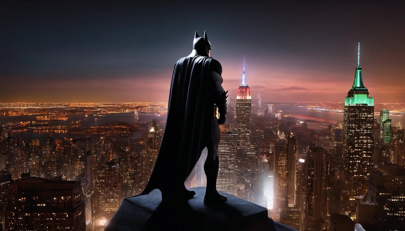 batman, looking over new york city from a high building at night