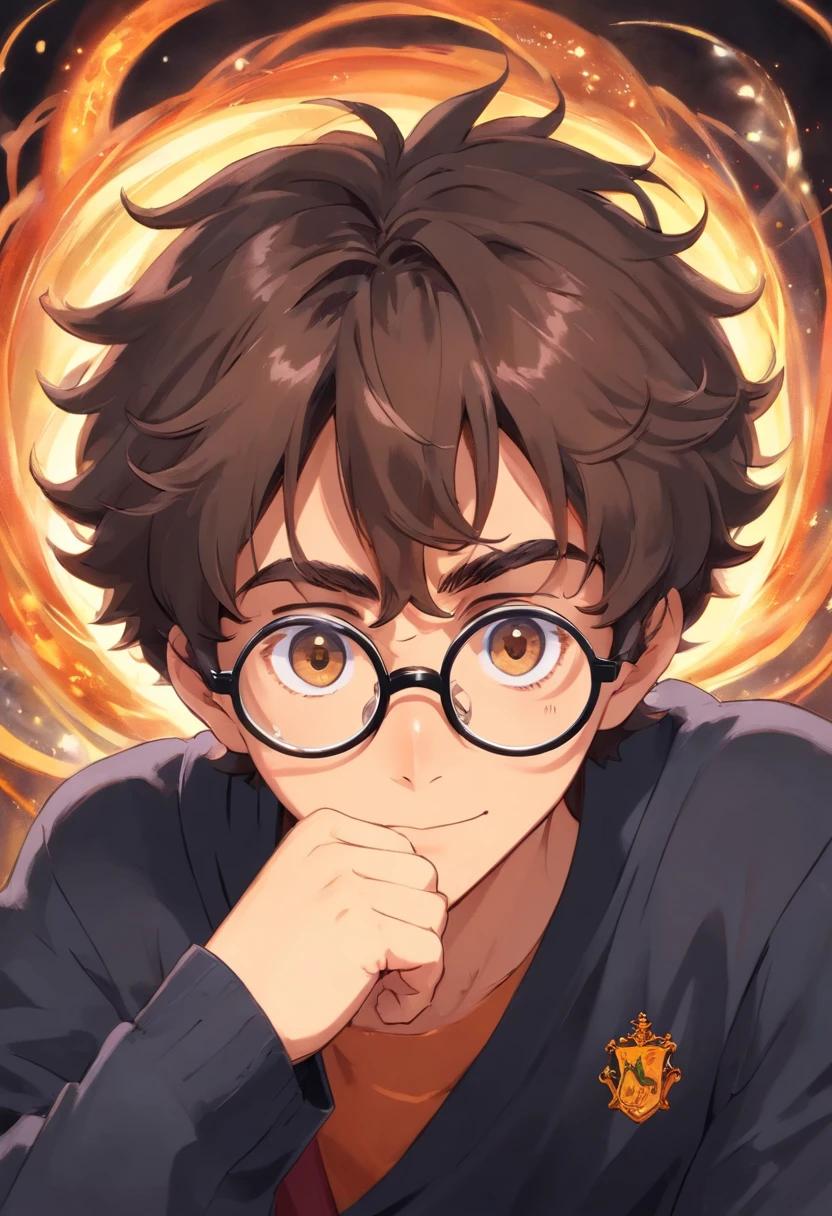 Homem moreno, curled hair wearing glasses in Harry Potter, vestindo uma capa preta e brincando com os amigos