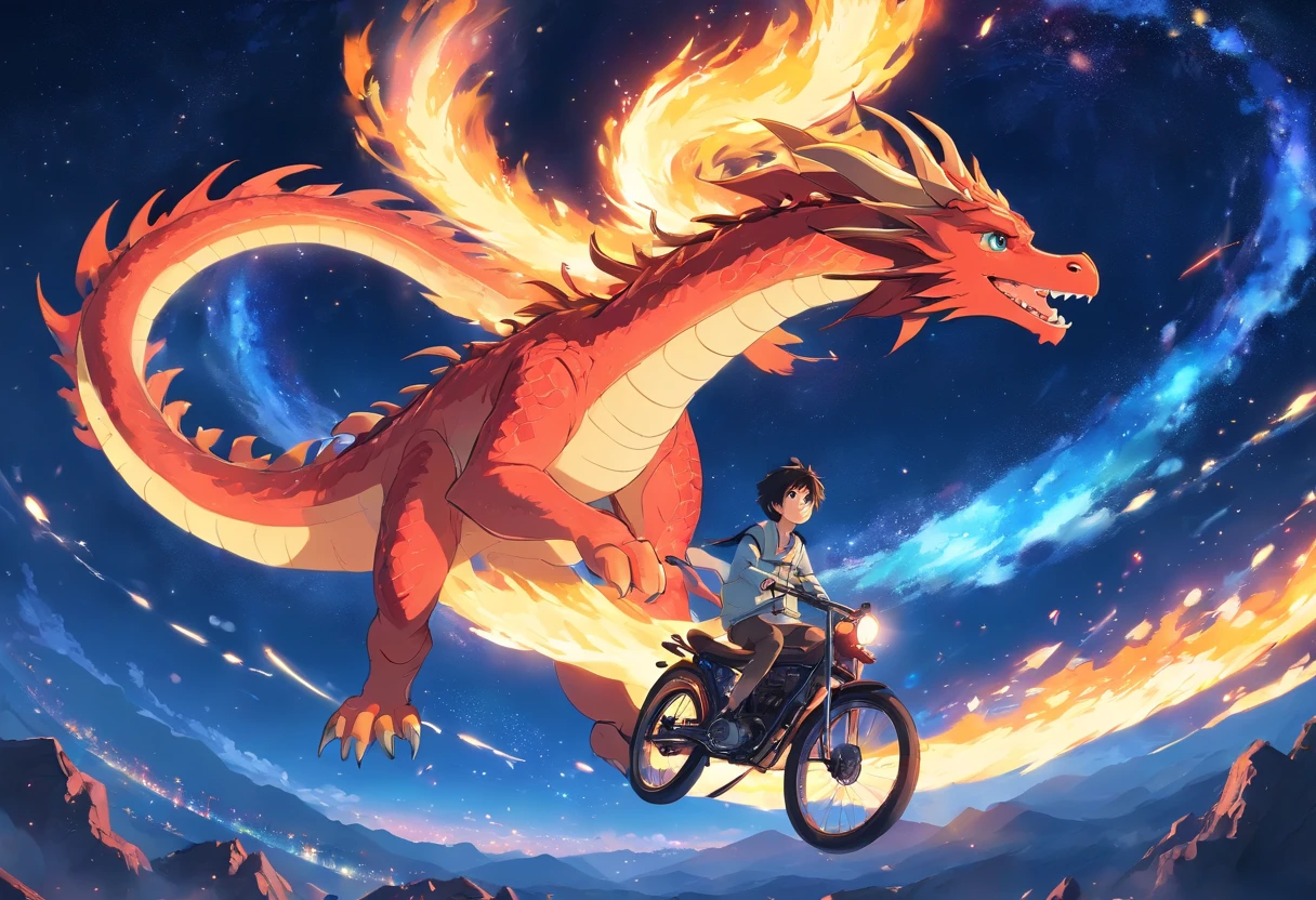 A boy riding on top of a fire dragon flying through the starry sky