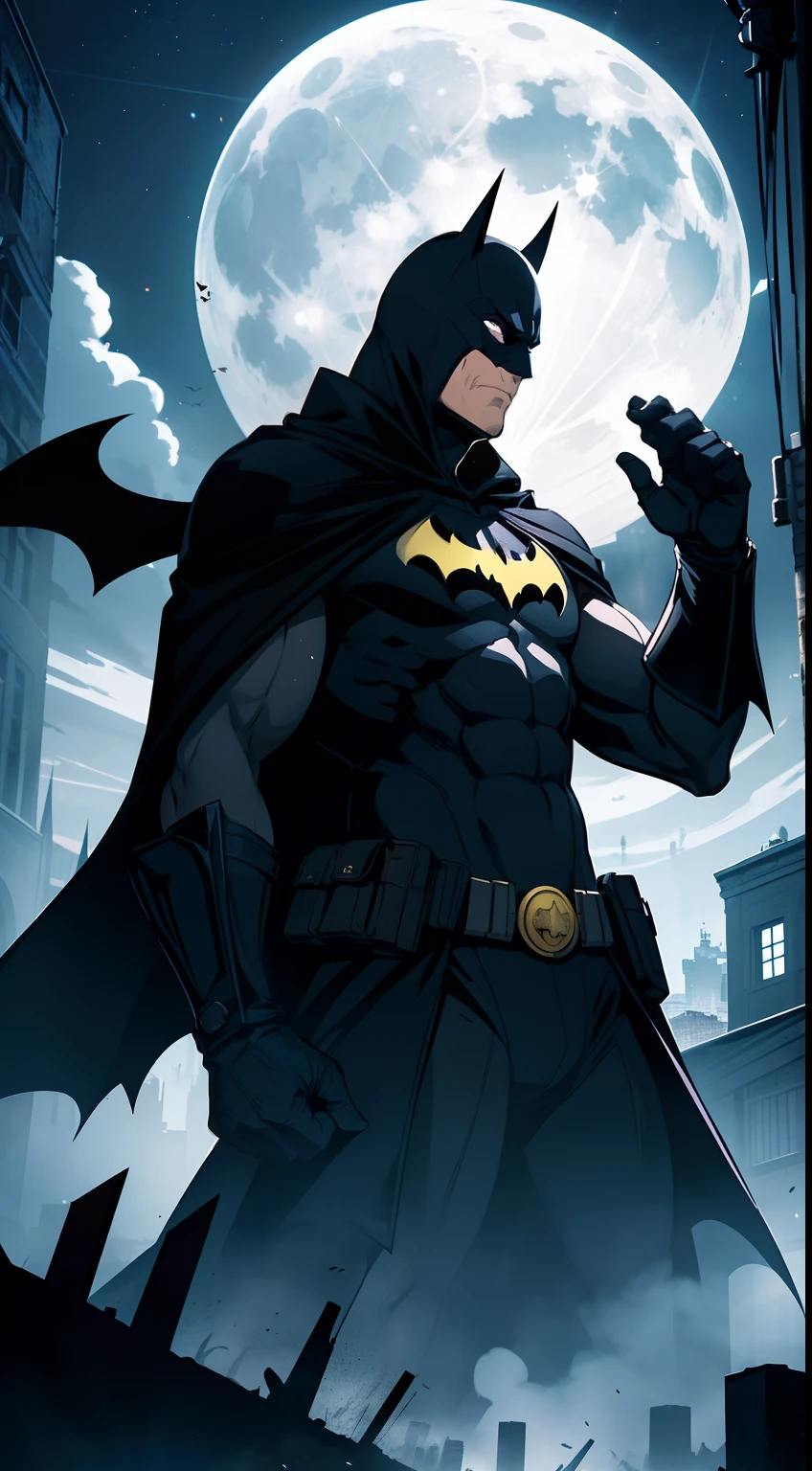 Title: "Moonlit Guardian"

Description: This wallpaper showcases Batman's home in the dark night, with a vibrant yellow moon shining brightly in the sky. The scene exudes an aura of mystique and intrigue, capturing the essence of Gotham City's vigilant protector.

The wallpaper depicts a narrow alleyway, flanked by towering buildings on either side. The brick walls are adorned with graffiti, adding a gritty urban atmosphere to the composition. Soft, dimly lit street lamps cast elongated shadows along the ground, hinting at the secrets that lie within the city's underbelly.

In the distance, the iconic Bat-Signal projects a beam of light into the night sky, cutting through the dense clouds. The signal's silhouette is visible against the backdrop of the moon, symbolizing Batman's constant watchfulness and readiness to defend Gotham.

The moon takes center stage in this wallpaper, its radiant yellow glow casting an ethereal light over the entire scene. Wisps of clouds partially obscure the moon, adding depth and texture to the sky. The surrounding stars twinkle faintly, serving as a reminder of the vastness of the universe and Batman's role in protecting his city.

In the foreground, Batman's home, Wayne Manor, stands as a grand mansion with Gothic architecture. Its dark silhouette contrasts against the moonlit sky, creating a sense of mystery and intrigue. The manor's windows emit a warm, inviting glow, suggesting Batman's presence within, preparing for the night's battles.

The overall color palette of this wallpaper is rich and atmospheric, with deep blues, purples, and blacks dominating the scene. The vibrant yellow of the moon acts as a focal point, drawing attention to Batman's eternal watchfulness and determination.

This wallpaper encapsulates the enigmatic and heroic nature of Batman, as he stands as Gotham City's moonlit guardian, forever ready to defend the innocent and bring justice to the dark night.