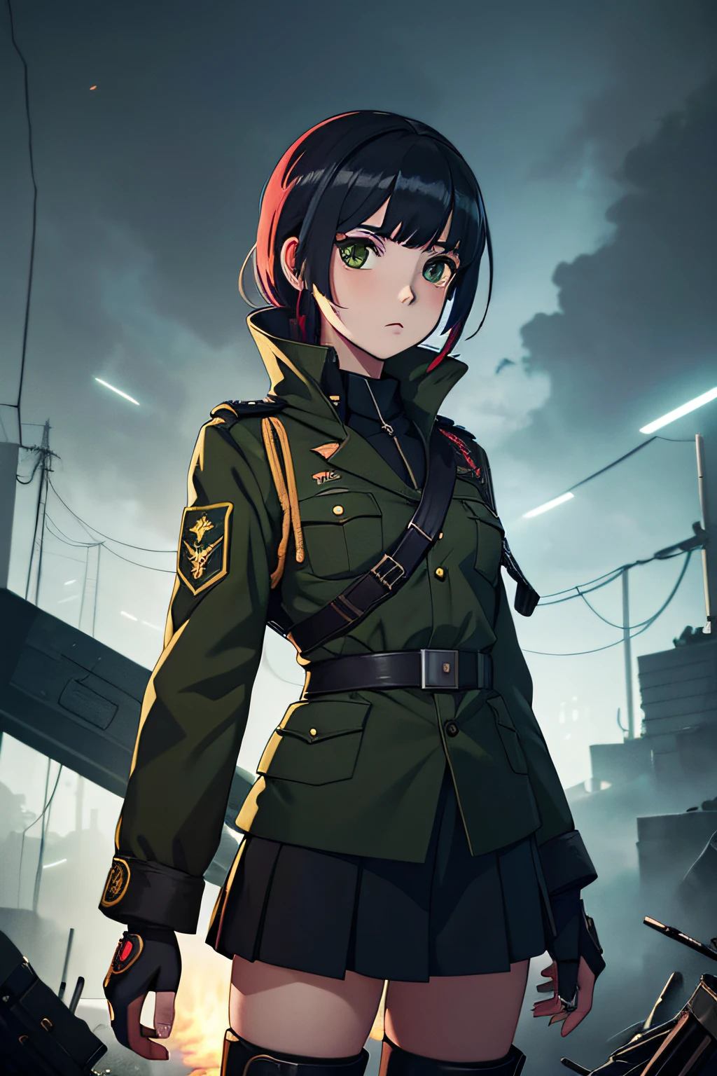 (anime style), (mysterious and dystopian), (girl), (facing the camera with a dynamic angle), (wearing a military school uniform), (in a dystopian country with a culture based on Brazilian toucans from Tocantins), (dark and gloomy colors), (high resolution), (smooth render),