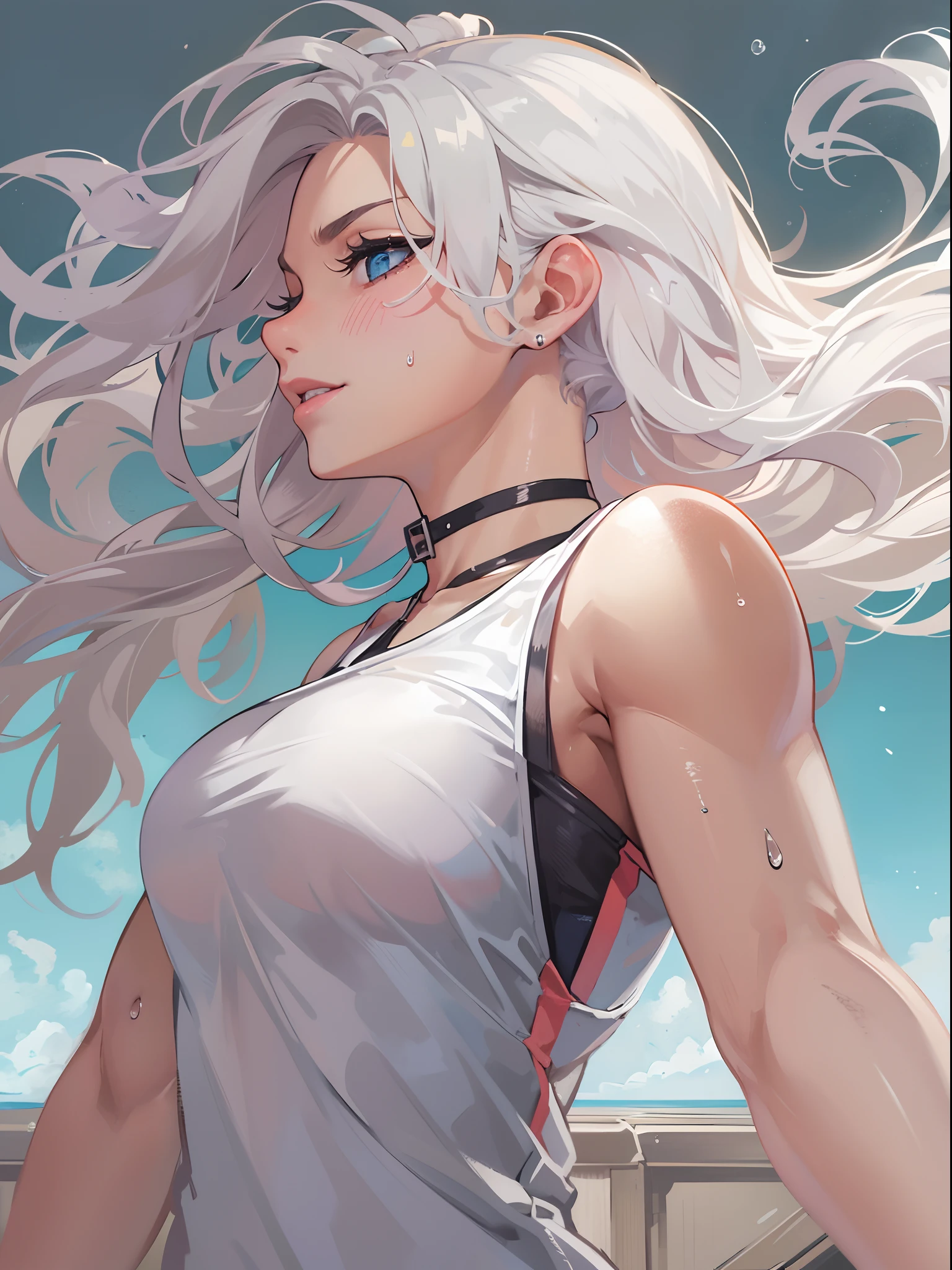 Close-up of face,Diagonal angle., complex details beautiful and delicate eyes, anime girl with long white hair and blue eyes posing for a picture, shadowverse style, Smooth Anime CG Art, sayori, Detailed Digital Anime Art, guweiz, sui ishida art manga, shadowverse, official artwork, pixiv style, Detailed anime artwork, artbook artwork, Seductive Anime Girl, sougetsu, detailed anime character art, Curvaceous but slender、silber hair、ornament detached、accessorized、shairband、Muchimuchi Body、Muscle Training Girls、mole、Distinctive charm points、Eyebrows、Sareme、poneyTail、Muscular nose、red blush、plump lips、Physical beauty、disheveled hair、Gymnastic、Unique fashion、Depiction in motion、hawaii、(top-quality、hight resolution、8k、​masterpiece:1.2)。Muscular short-haired woman in fashionable T-shirt shorts、Hands on the wall in an ocean view room、It has a Y-shaped balance。Trained muscles are arms and abs、Stand out on the legs。Her sweat is a testament to hard work、The contours of the muscles are beautifully revealed.。The Western-style room has a fairly large floor plan with depth.、Brilliant light streaming in from the window、Illuminates her whole body like a Hollywood actress。On the walls of the neat mansion-like room, artistic paintings and stylish art works are displayed.、Please depict her challenging her limits with a powerful expression.。