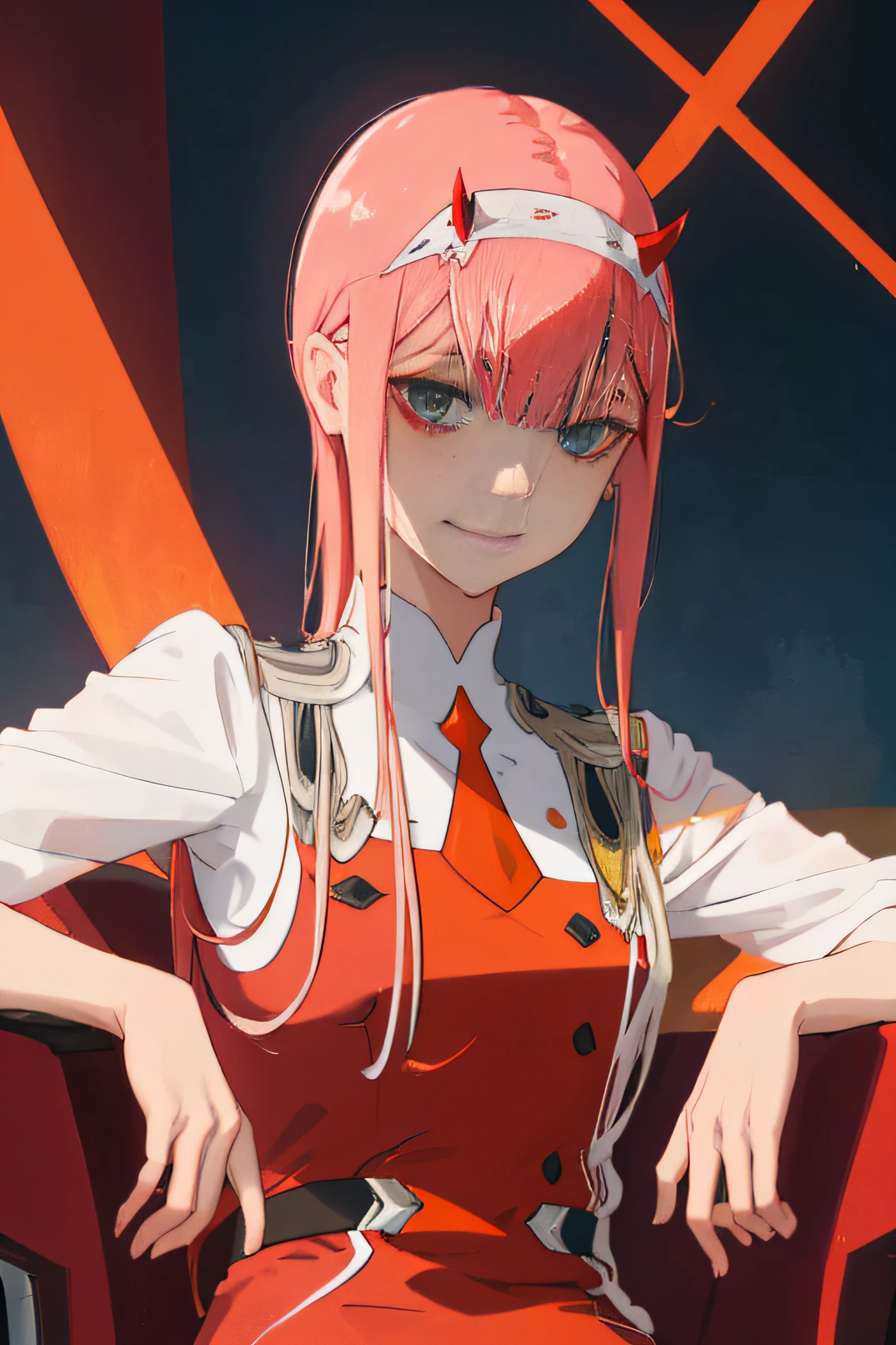 zero two \(darling in franxx\), darling in franxx, 1woman, smiling, sitting, bangs, biting, shadow, green eyes, hair behind head, small horns, long hair, makeup, small breasts, red dress, orange tie, black buttons, belt, pantyhose, big thighs, pink hair, red eyeshadow, detailed background, bed, bedroom