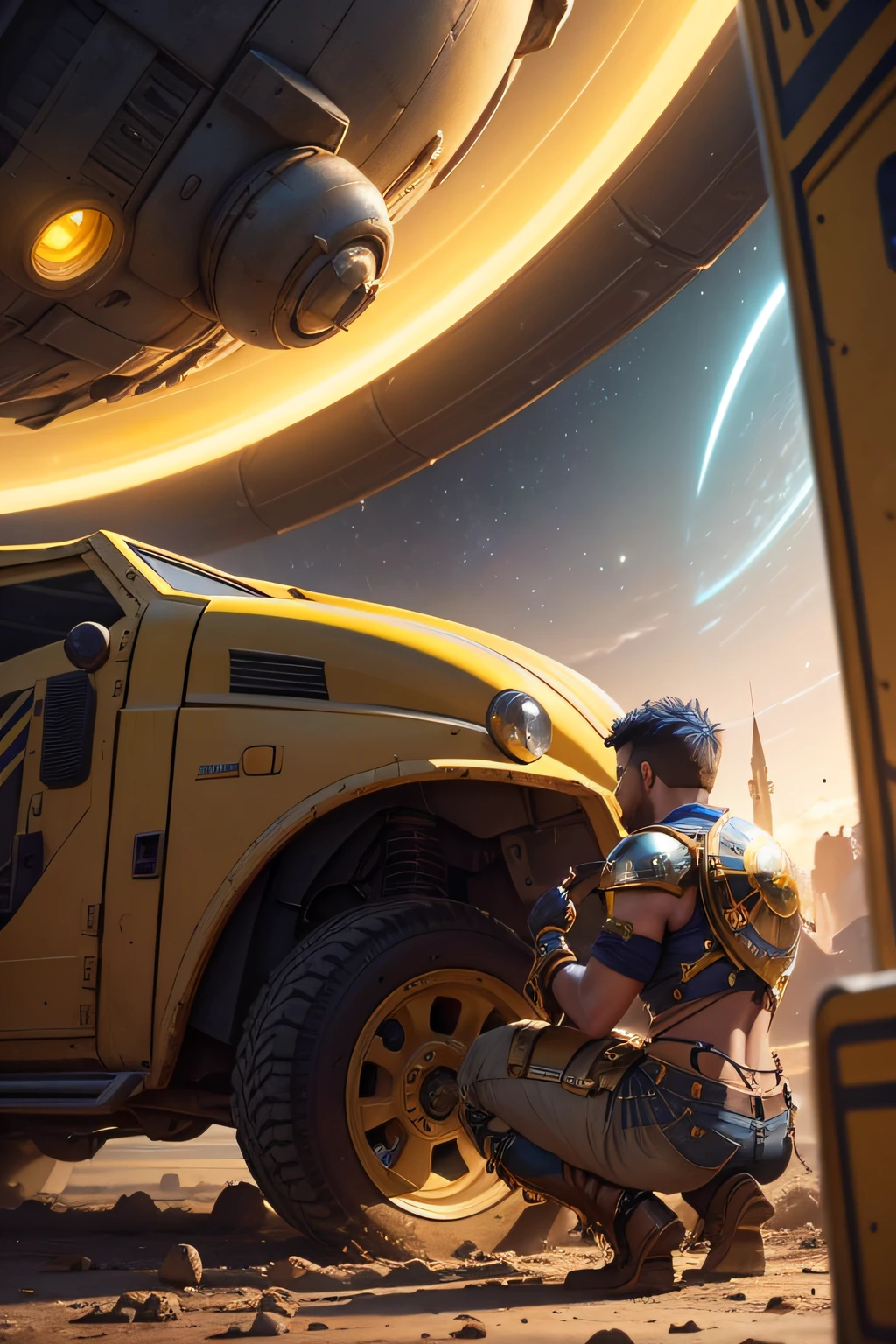 a gladiator repairs a yellow alien school bus with a futuristic and extravagant design. In the distance we see the planet Saturn and its rings like in a waking dream