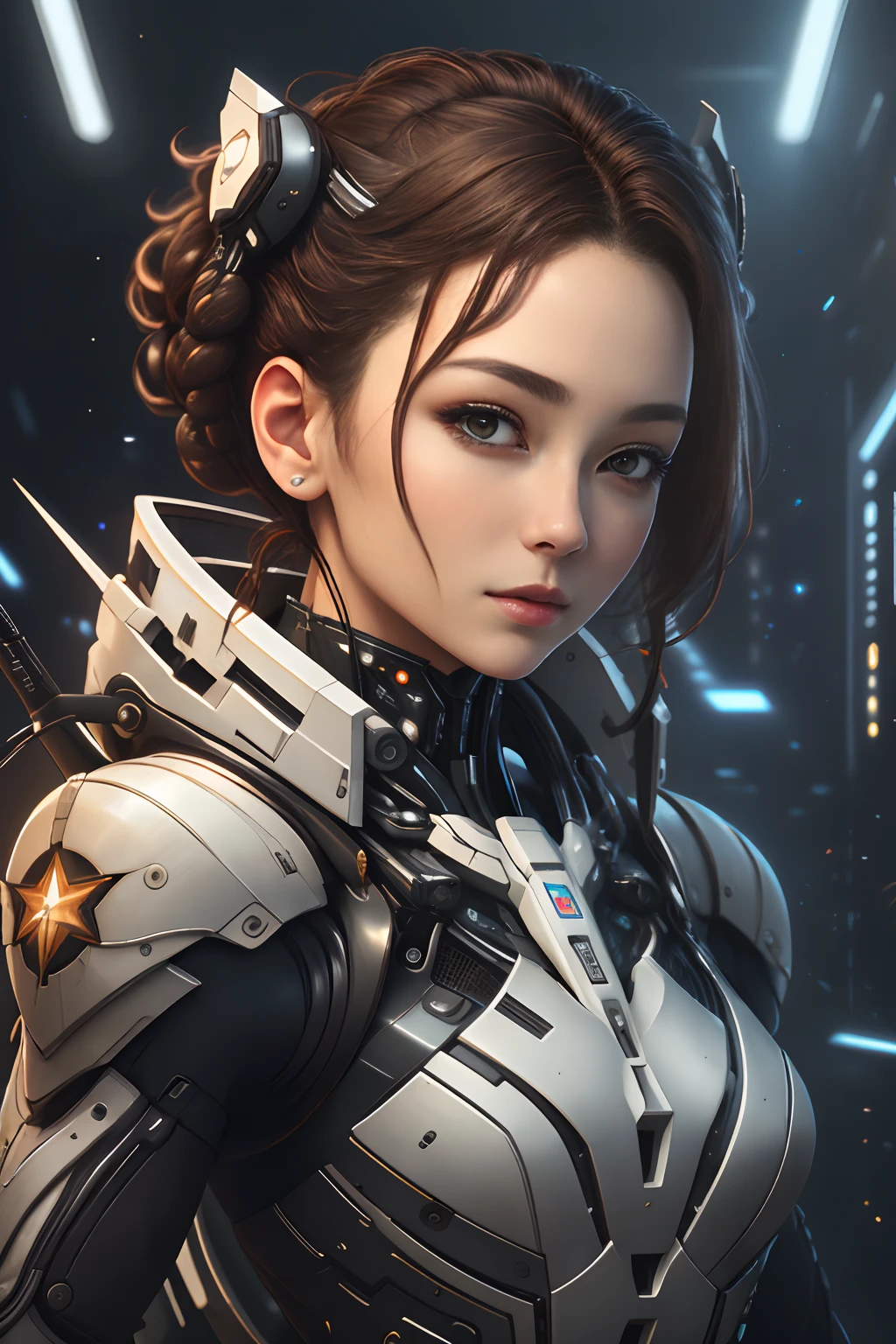 masterpiece、top-quality、realisitic、ultra-detailliert、SFW、head shot、Portrait of a young woman、starsector、Sci-fi style suit、High-tech gadgets、Turn your head to the right、