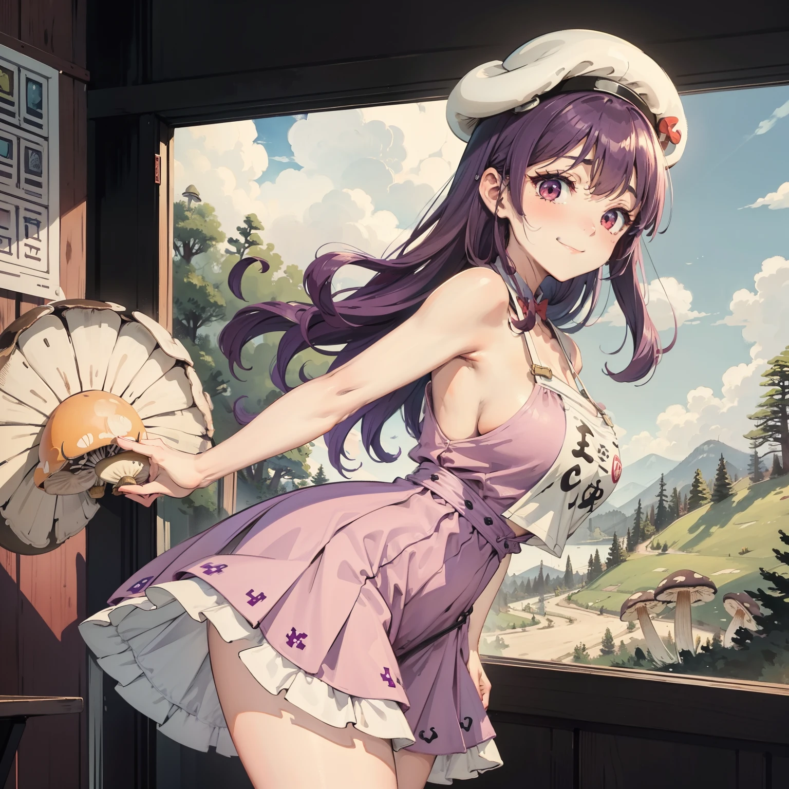 1girll, Purple hair, Red eyes, dress, at class room，Mushrooms grow in the classroom，(Solo:1.3),Simple drawing, Mushrooms and girls, huge boob, Big smile, Mushrooms + Mushrooms + Mushrooms + Mushrooms + Mushrooms,Red mushrooms，Cyan mushrooms，White mushrooms, Mushrooms grow on the body，From the side Side，Dancing，Watercolor illustration, Perfect ???????, Masterpiece, Best quality, 1girll, Loli,elementary student,Nature, landscape