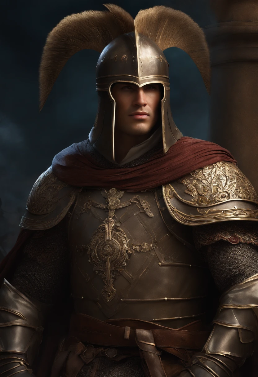 Caballero templario, grimorio, Armadura de cota de malla, fantasy world, conjurando, sin casco, brown hair, gran musculatura.