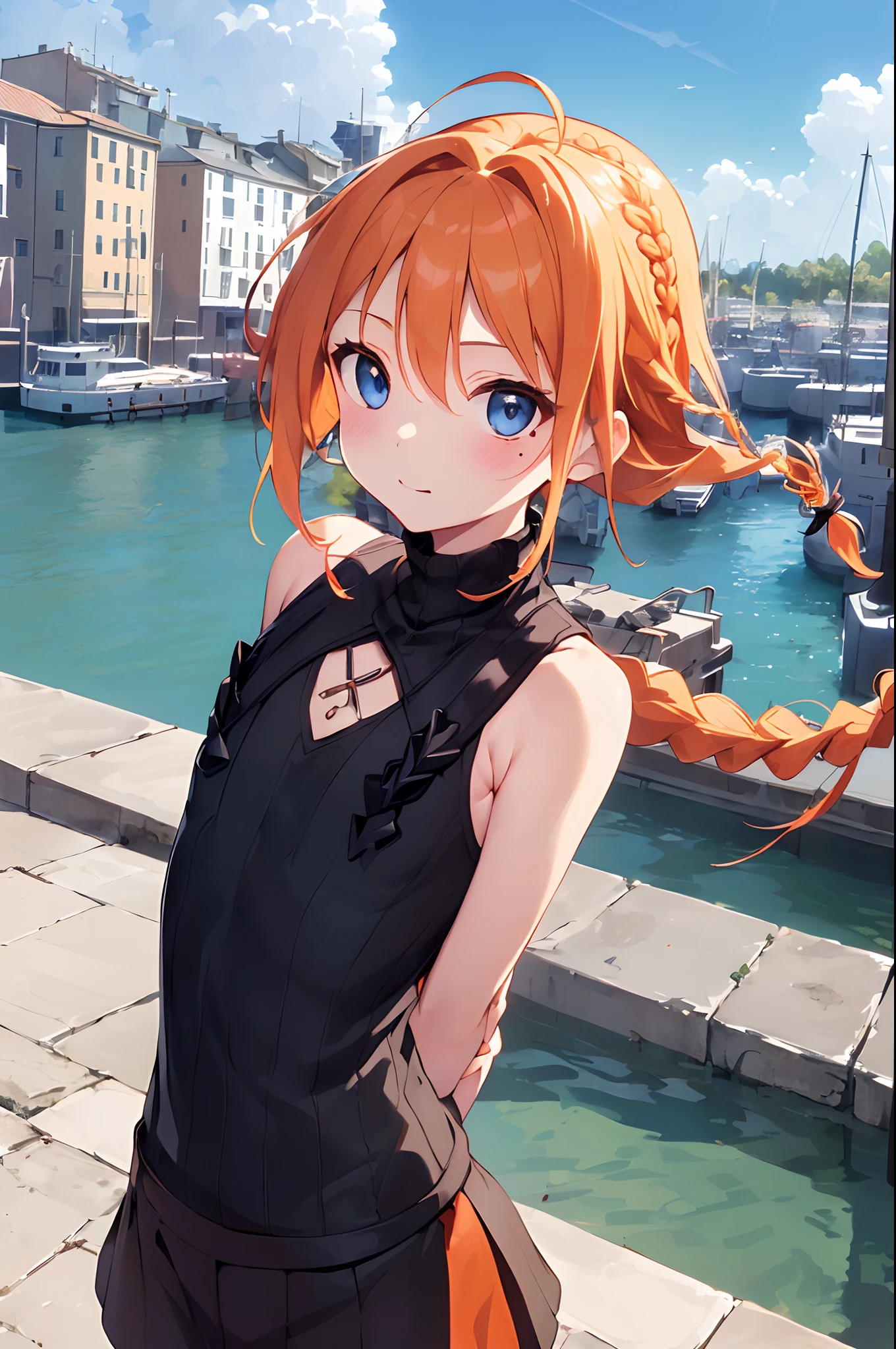 (Girl with a nasty appearance:1.3)、(harbour:1.5)、(and chest:1.4)、Raw photography, top-quality, hight resolution, (masterpiece), (Photorealsitic:1.4), (Mole under the eyes),Anime Cosplay, foco nítido, nffsw, 8K分辨率, intricate detailes, depth of fields, the Extremely Detailed CG Unity 8K Wallpapers, front lit, femele,25-years old、 Embarrassed face、(Wind-fueled hair:1.5)、(The dim:1.1)、see -through、(Medium orange hair)、blue eyess、(Arms crossed behind your back:1.5),(I'm a braided dumpling:1.5)、(Sleeveless turtleneck knit:1.3)、