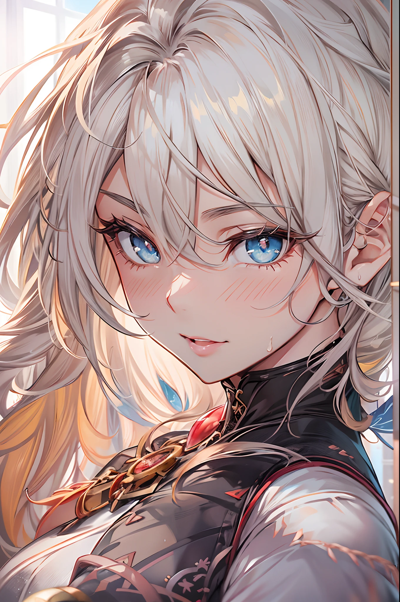 Close-up of face,Diagonal angle., complex details beautiful and delicate eyes, anime girl with long white hair and blue eyes posing for a picture, shadowverse style, Smooth Anime CG Art, sayori, Detailed Digital Anime Art, guweiz, sui ishida art manga, shadowverse, official artwork, pixiv style, Detailed anime artwork, artbook artwork, Seductive Anime Girl, sougetsu, detailed anime character art, Curvaceous but slender、silber hair、ornament detached、accessorized、shairband、Muchimuchi Body、Muscle Training Girls、mole、Distinctive charm points、Eyebrows、Sareme、poneyTail、Muscular nose、red blush、plump lips、Physical beauty、disheveled hair、Gymnastic、Unique fashion、Depiction in motion、hawaii、(top-quality、hight resolution、8k、​masterpiece:1.2)。Muscular short-haired woman in fashionable T-shirt shorts、Hands on the wall in an ocean view room、It has a Y-shaped balance。Trained muscles are arms and abs、Stand out on the legs。Her sweat is a testament to hard work、The contours of the muscles are beautifully revealed.。The Western-style room has a fairly large floor plan with depth.、Brilliant light streaming in from the window、Illuminates her whole body like a Hollywood actress。On the walls of the neat mansion-like room, artistic paintings and stylish art works are displayed.、Please depict her challenging her limits with a powerful expression.。