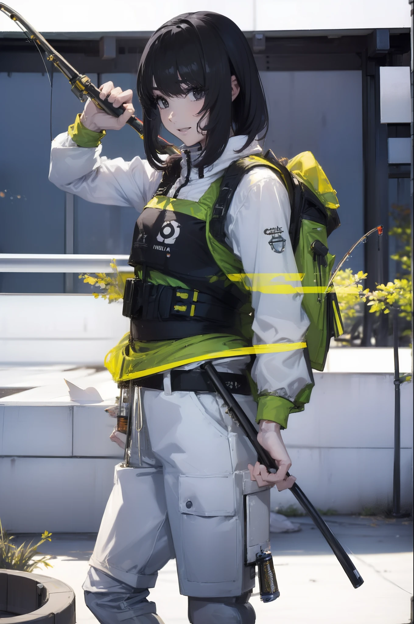 ((((Have a fishing rod with a reel:1.5)))),((Female 28 years old)),((Best Quality:1.5)),(((Fine fingers、Ratio 4 fingers and 1 thumb,detailed arms,detailed human hands))),(((Hands with the correct number and structure of fingers:1.4))),((Lakeside:1.37)),hight resolution,ultra-detailliert,masterpiece,best qualtiy,(Eight-headed body),(1 fishing rod,Holding a fishing rod in your hand,Fishing lure rod,Fishing Reels,Long Sleeve Outdoor Vest,Long pants for fishing,Big backpack),thin and long legs,Beautiful hip line,Beautiful spine,constricted back,Toned waist,beutiful breast),,Gentle smile,shiny lip,(1 fishing rod,Straight stretch fishing rod,Long fishing rod,Woman fishing with fishing rod in hand),Black hair, long eyeslashes, Solid Circle Eyes, drop shadow, Atmospheric perspective,Super Detail, ccurate, small brest,top-quality, blurry backround, bokeh dof:1.2, (masterpiece:1.3), Atmospheric perspective,Super Detail,dynamic compositions, Ultra High Quality,