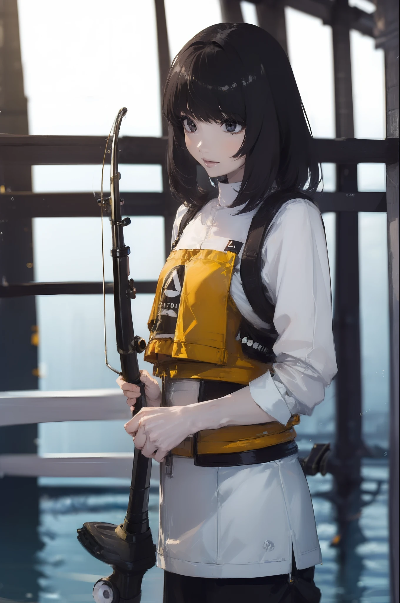 ((((Have a fishing rod with a reel:1.5)))),((Female 28 years old)),((Best Quality:1.5)),(((Fine fingers、Ratio 4 fingers and 1 thumb,detailed arms,detailed human hands))),(((Hands with the correct number and structure of fingers:1.4))),((Lakeside:1.37)),hight resolution,ultra-detailliert,masterpiece,best qualtiy,(Eight-headed body),(1 fishing rod,Holding a fishing rod in your hand,Fishing lure rod,Fishing Reels,Long Sleeve Outdoor Vest,Long pants for fishing,Big backpack),thin and long legs,Beautiful hip line,Beautiful spine,constricted back,Toned waist,beutiful breast),,Gentle smile,shiny lip,(1 fishing rod,Straight stretch fishing rod,Long fishing rod,Woman fishing with fishing rod in hand),Black hair, long eyeslashes, Solid Circle Eyes, drop shadow, Atmospheric perspective,Super Detail, ccurate, small brest,top-quality, blurry backround, bokeh dof:1.2, (masterpiece:1.3), Atmospheric perspective,Super Detail,dynamic compositions, Ultra High Quality,