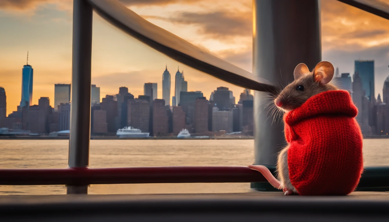 cute mouse in a red sweater standing on the deck of the staten island ferry, new york skyline in background