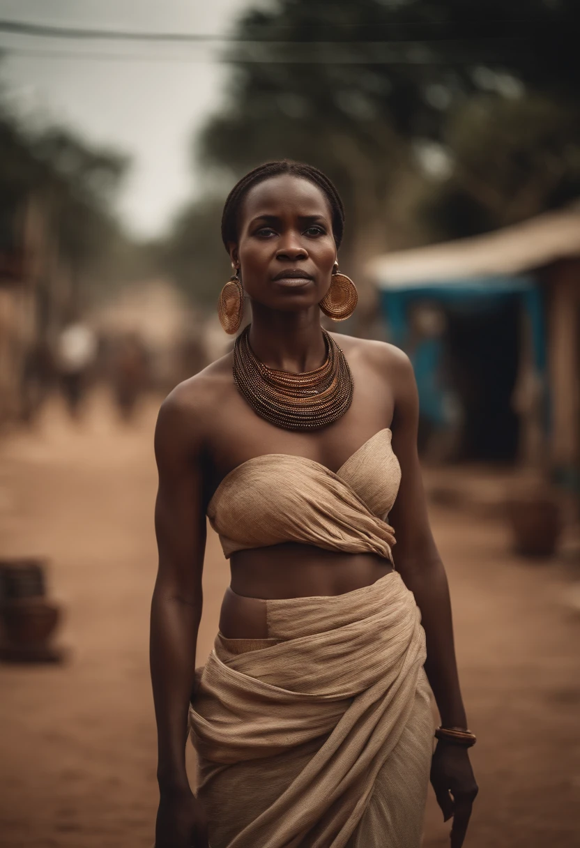 African woman standing in a street dressed in loincloth