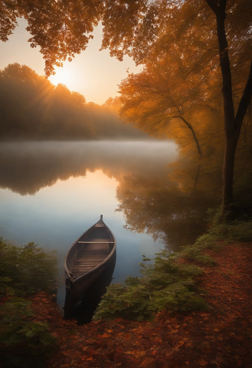 best quality, detailed foliage, tranquil atmosphere, misty morning, vibrant colors, sunlight filtering through the leaves, mysterious ambiance, hidden pathways, peaceful reflection on the lake, ethereal glow from the falling meteor, cinematic compositions, immersive depth, dynamic movement, dramatic perspective, masterful lighting, captivating storytelling.