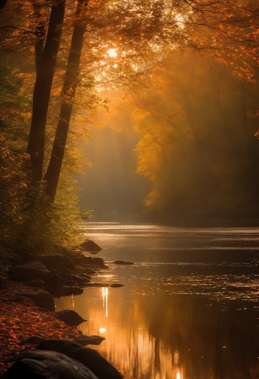 best quality, detailed foliage, tranquil atmosphere, misty morning, vibrant colors, sunlight filtering through the leaves, mysterious ambiance, hidden pathways, peaceful reflection on the lake, ethereal glow from the falling meteor, cinematic compositions, immersive depth, dynamic movement, dramatic perspective, masterful lighting, captivating storytelling.