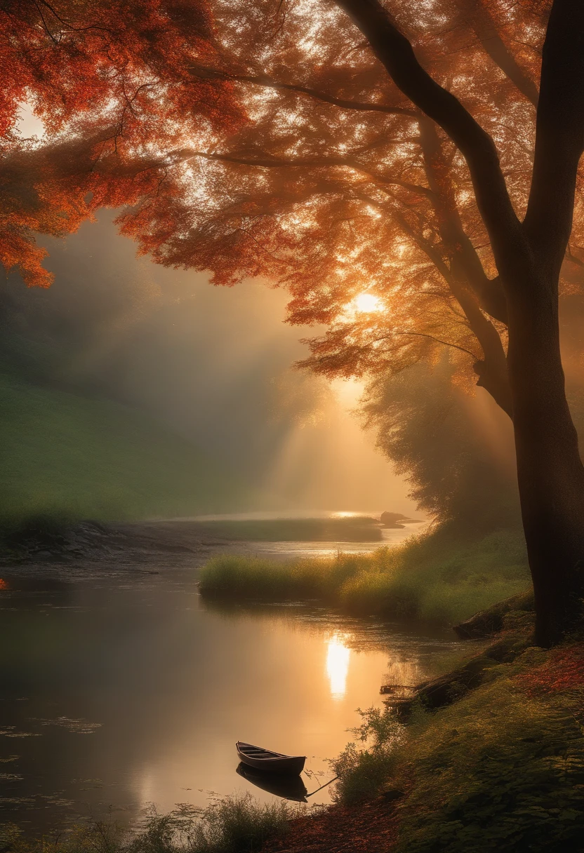 best quality, detailed foliage, tranquil atmosphere, misty morning, vibrant colors, sunlight filtering through the leaves, mysterious ambiance, hidden pathways, peaceful reflection on the lake, ethereal glow from the falling meteor, cinematic compositions, immersive depth, dynamic movement, dramatic perspective, masterful lighting, captivating storytelling.